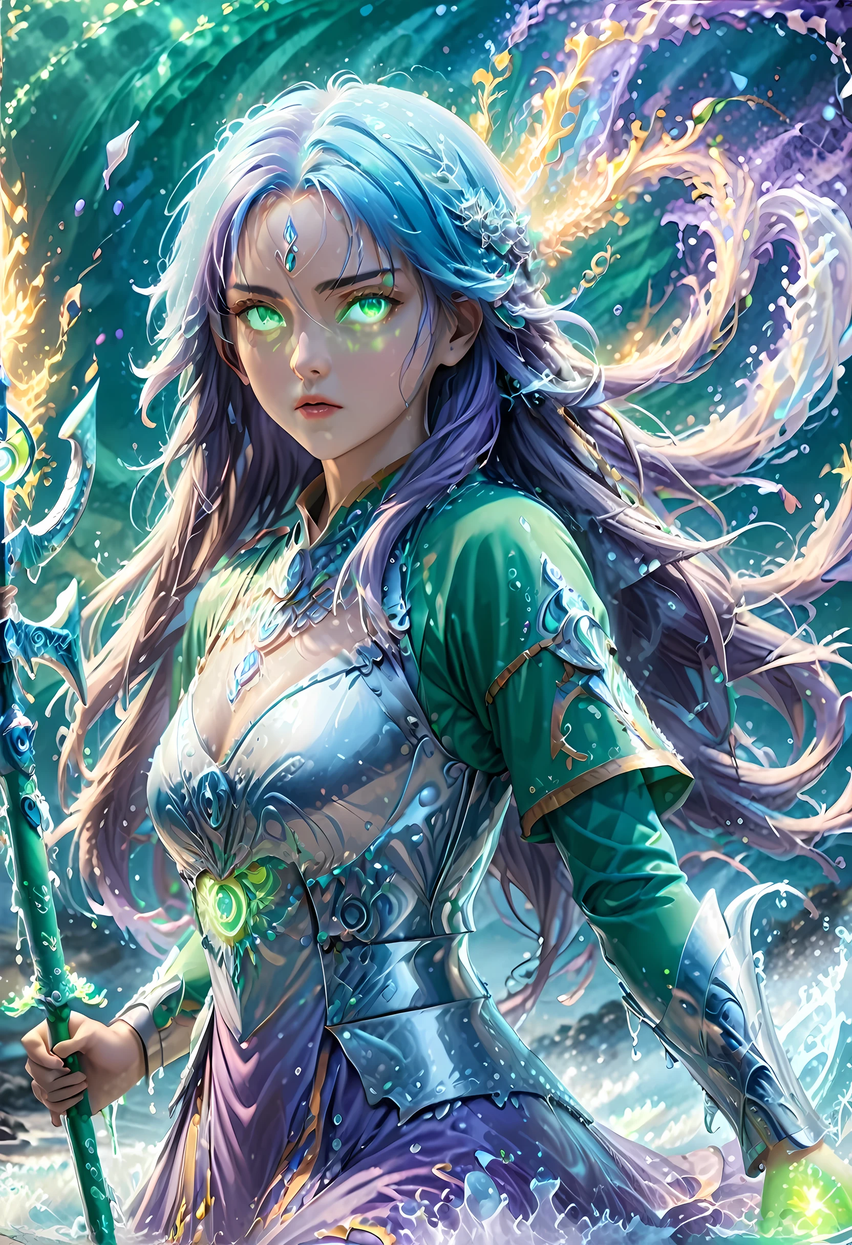 high details, best quality, 8k, [ultra detailed], masterpiece, best quality, (extremely detailed), full body, ultra wide shot, photorealistic, fantasy art, dnd art, rpg art, realistic art, an ultra wide picture of a female human (1.5 intricate details, Masterpiece, best quality) goddess of water  ((watery radiant aura)), controlling a swirling streams of watery magic (1.5 intricate details, Masterpiece, best quality), manipulating purple radiant magical symbols, [[divine symbols]] (1.5 intricate details, Masterpiece, best quality), human female, blue  hair, long hair with aura, hair with green radiant eyes, intense eyes, holding a trident, ((radiant eyes)), (( green glowing eyes)), dynamic clothing, fantasy sea background, stresms of sea water,  celestial  background, ((divine worship atmosphere)), high details, best quality, highres, ultra wide angle, ArmoredDress, faize