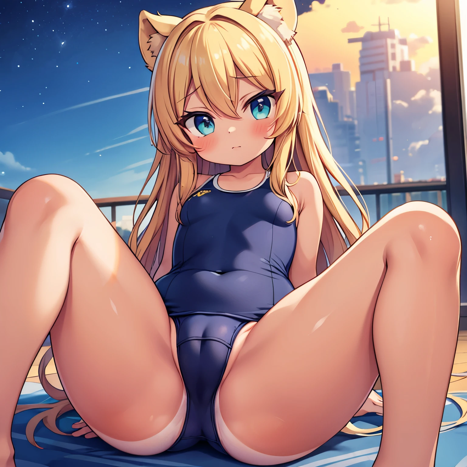 masterpiece, best quality, ultra detailed,1 girl , long hair, (tan:1.4), school swimsuit,   naughty face,  BREAK, open legs, evening, ((camel toe)),