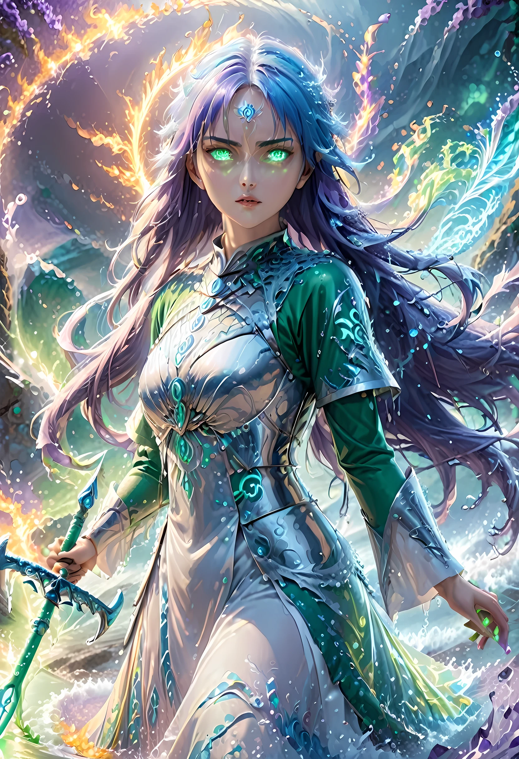 high details, best quality, 8k, [ultra detailed], masterpiece, best quality, (extremely detailed), full body, ultra wide shot, photorealistic, fantasy art, dnd art, rpg art, realistic art, an ultra wide picture of a female human (1.5 intricate details, Masterpiece, best quality) goddess of water  ((watery radiant aura)), controlling a swirling streams of watery magic (1.5 intricate details, Masterpiece, best quality), manipulating purple radiant magical symbols, [[divine symbols]] (1.5 intricate details, Masterpiece, best quality), human female, blue  hair, long hair with aura, hair with green radiant eyes, intense eyes, holding a trident, ((radiant eyes)), (( green glowing eyes)), dynamic clothing, fantasy sea background, stresms of sea water,  celestial  background, ((divine worship atmosphere)), high details, best quality, highres, ultra wide angle, ArmoredDress, faize