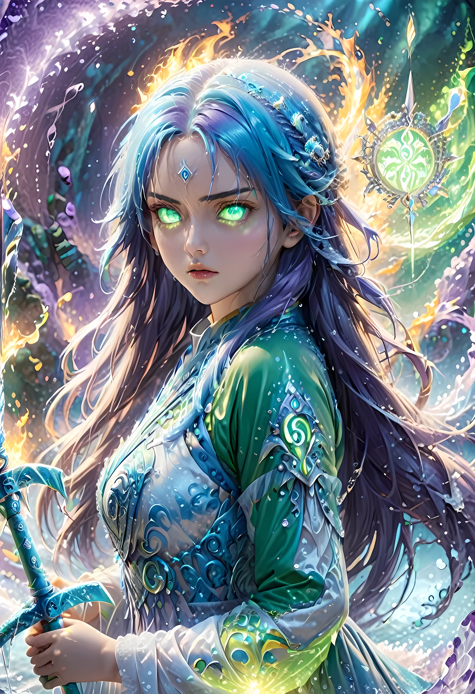 high details, best quality, 8k, [ultra detailed], masterpiece, best quality, (extremely detailed), full body, ultra wide shot, photorealistic, fantasy art, dnd art, rpg art, realistic art, an ultra wide picture of a female human (1.5 intricate details, Masterpiece, best quality) goddess of water  ((watery radiant aura)), controlling a swirling streams of watery magic (1.5 intricate details, Masterpiece, best quality), manipulating purple radiant magical symbols, [[divine symbols]] (1.5 intricate details, Masterpiece, best quality), human female, blue  hair, long hair with aura, hair with green radiant eyes, intense eyes, holding a trident, ((radiant eyes)), (( green glowing eyes)), dynamic clothing, fantasy sea background, stresms of sea water,  celestial  background, ((divine worship atmosphere)), high details, best quality, highres, ultra wide angle, ArmoredDress, faize