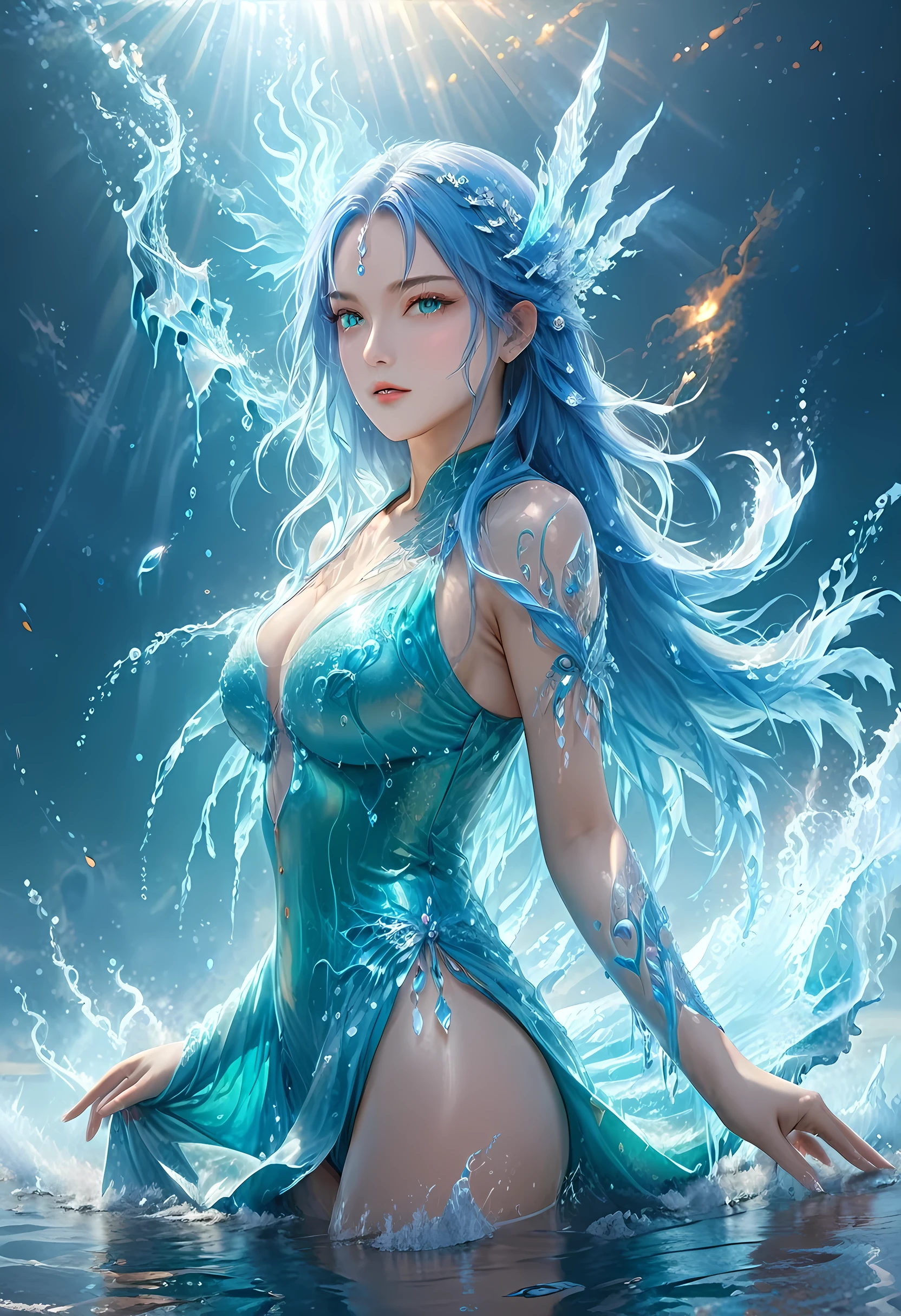 high details, best quality, 8k, [ultra detailed], masterpiece, best quality, (extremely detailed), full body, ultra wide shot, photorealistic, fantasy art, dnd art, rpg art, realistic art, an ultra wide picture of a female human (1.5 intricate details, Masterpiece, best quality) goddess of water  ((watery radiant aura)), controlling a swirling streams of watery magic (1.5 intricate details, Masterpiece, best quality), manipulating purple radiant magical symbols, [[divine symbols]] (1.5 intricate details, Masterpiece, best quality), human female, blue  hair, long hair with aura, hair with green radiant eyes, intense eyes, holding a trident, ((radiant eyes)), (( green glowing eyes)), dynamic clothing, fantasy sea background, stresms of sea water,  celestial  background, ((divine worship atmosphere)), high details, best quality, highres, ultra wide angle, Latex, faize