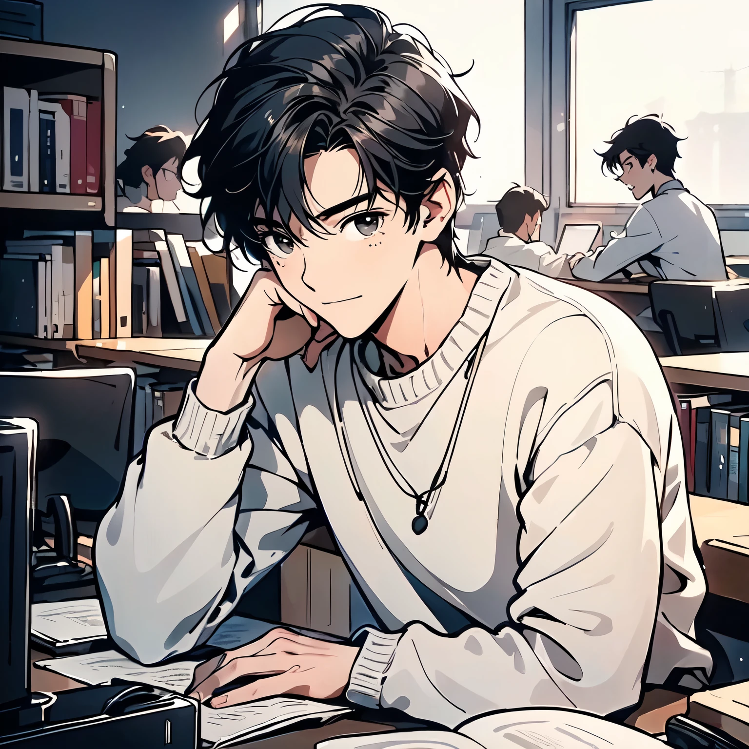 A black hair，18-year-old man in white sweater，Sit at your desk in the library，Sad expression，Laugh and cry，Bitter smile（Upper body display：1.5）（cinematic lighting：1.5）)(ultra-high detail:1.5)(best quality:1.5)
