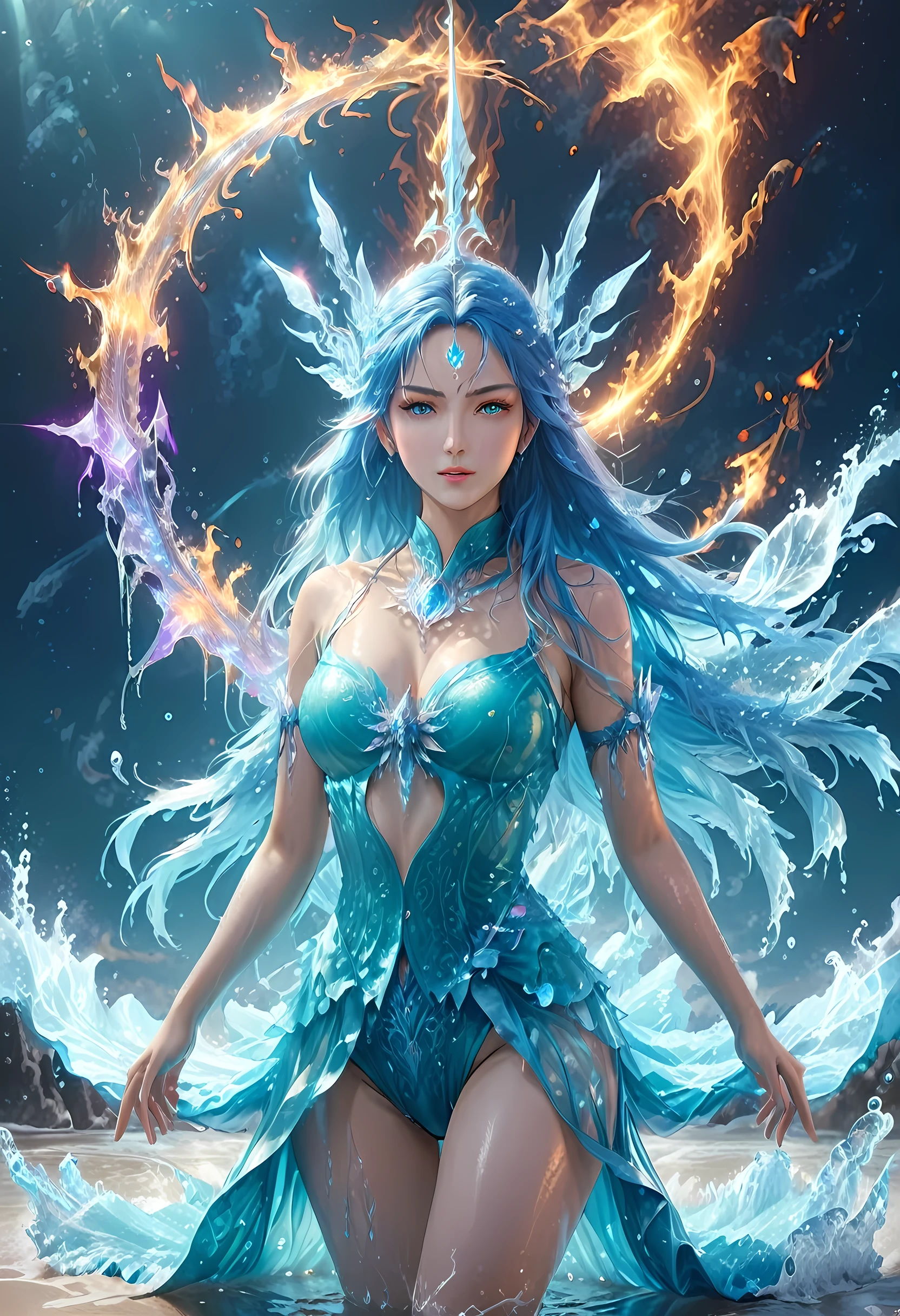 high details, best quality, 8k, [ultra detailed], masterpiece, best quality, (extremely detailed), full body, ultra wide shot, photorealistic, fantasy art, dnd art, rpg art, realistic art, an ultra wide picture of a female human (1.5 intricate details, Masterpiece, best quality) goddess of water  ((watery radiant aura)), controlling a swirling streams of watery magic (1.5 intricate details, Masterpiece, best quality), manipulating purple radiant magical symbols, [[divine symbols]] (1.5 intricate details, Masterpiece, best quality), human female, blue  hair, long hair with aura, hair with green radiant eyes, intense eyes, holding a trident, ((radiant eyes)), (( green glowing eyes)), dynamic clothing, fantasy sea background, stresms of sea water,  celestial  background, ((divine worship atmosphere)), high details, best quality, highres, ultra wide angle, Latex, faize