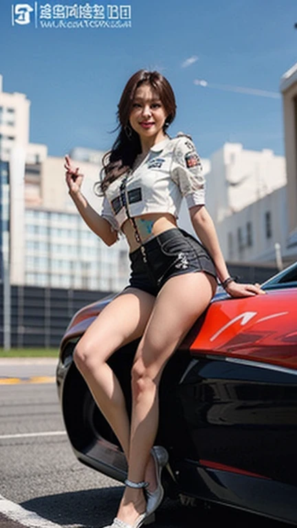 (High resolution 8K),( highest quality), Very detailed, (masterpiece), Realistic,  Very detailedなかわいい女の子,( Age 25), (From the whole body to the toes:1.2),(Shooting from the side:1.2),(sitting on the hood of a car),(Race Queen),(Natural pose),(Hair tying pose),(Big Breasts),(Big Ass),(Smiling at the camera),( Smiling while looking at the camera ),(Full Body Shot:1.2) ,((Side shot 1.2)),(ponytail),(photoRealistic:1.3),((Wear a sponsored grid girl costume,Logo is printed)), ((Logo Print Shorts)),(Participate in a motorsport race), (Look at me and smile),
