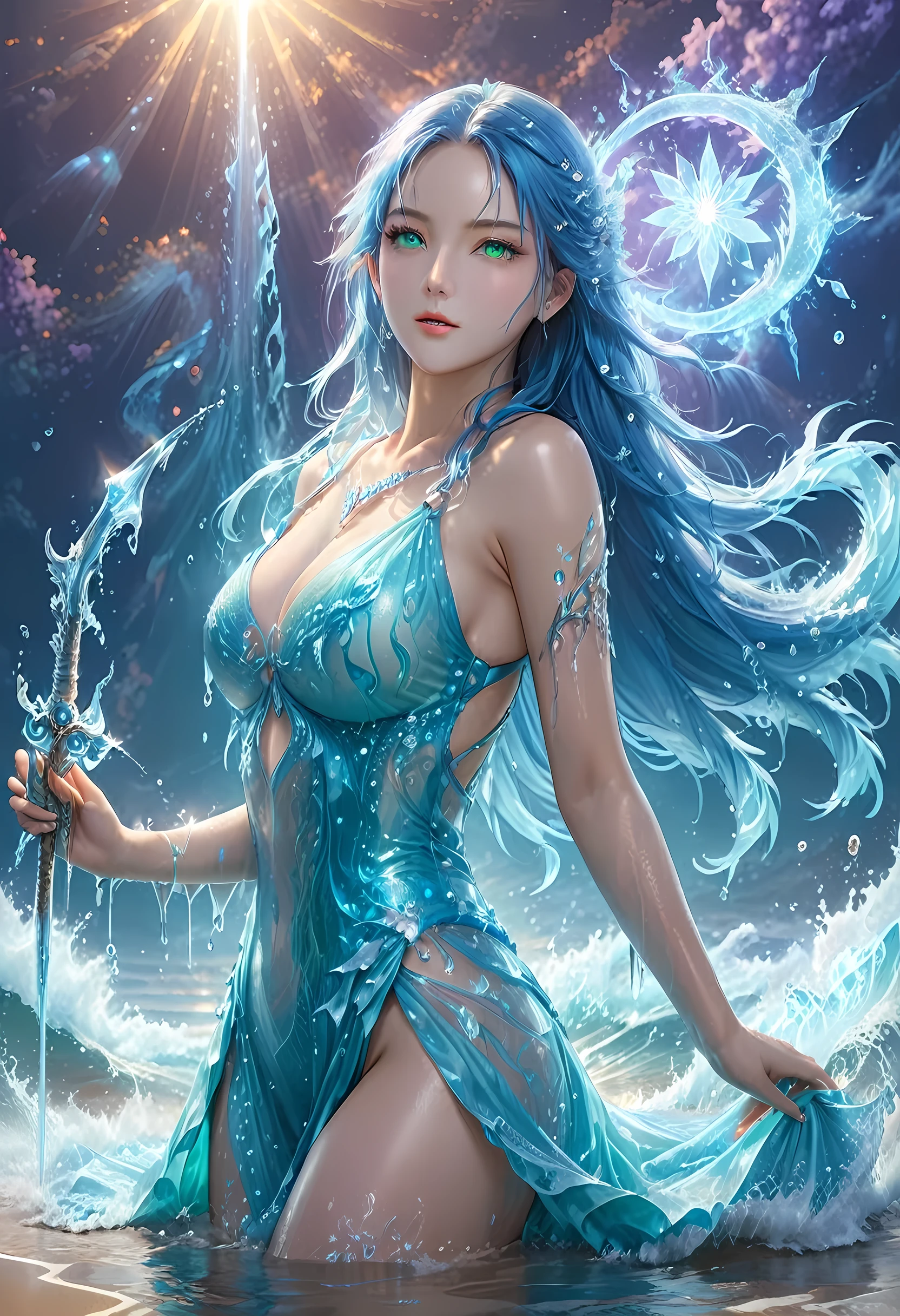 high details, best quality, 8k, [ultra detailed], masterpiece, best quality, (extremely detailed), full body, ultra wide shot, photorealistic, fantasy art, dnd art, rpg art, realistic art, an ultra wide picture of a female human (1.5 intricate details, Masterpiece, best quality) goddess of water  ((watery radiant aura)), controlling a swirling streams of watery magic (1.5 intricate details, Masterpiece, best quality), manipulating purple radiant magical symbols, [[divine symbols]] (1.5 intricate details, Masterpiece, best quality), human female, blue  hair, long hair with aura, hair with green radiant eyes, intense eyes, holding a trident, ((radiant eyes)), (( green glowing eyes)), dynamic clothing, fantasy sea background, stresms of sea water,  celestial  background, ((divine worship atmosphere)), high details, best quality, highres, ultra wide angle, Latex, faize