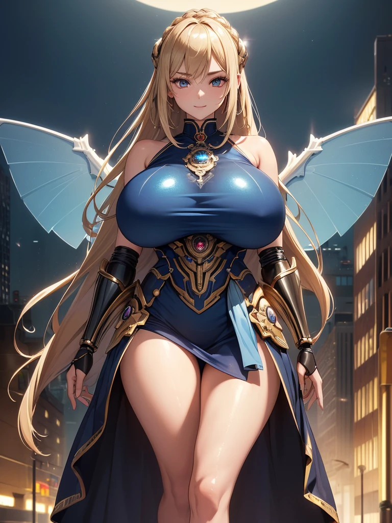 (((masterpiece))), (((best quality))), ((ultra-detailed)), (illustration), ((an extremely delicate and beautiful)), ((super detail)), ((high resolution)), (((20 years old))), metallic cloth, (kunoichi), (android), ((mechanical wings)), delicate metal decorations, gleaming skin, shiny body, two legs, breast focus, (((tall))), slender legs, ((big round eyes)), cute eyes, drooping eyes, ((adult)), two hands, five fingers, no extra hands, elegant smile, braid, medium length hair, ((metallic blue)), (see-through), (dark blonde), (ultra-huge breasts), (shining brightly), outdoor, mini skirt, city, daytime, ((biopunk)),