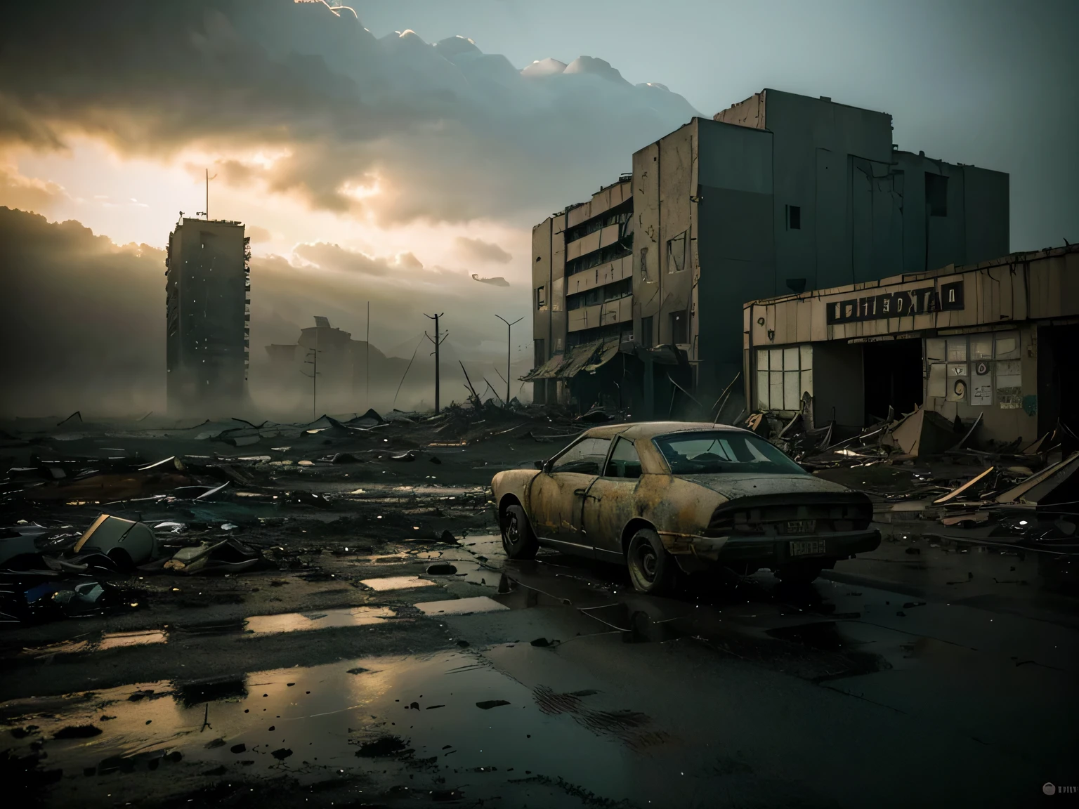 .(obra de arte), (melhor qualidade), (detalhado), landscape reminiscent of radioactive fallout, post-apocalyptic environment, Dark and atmospheric, cyberpunk and post-apocalyptic elements, paisagem urbana desolada, Ruined buildings, Abandoned vehicles, Fog and darkness engulfing the scene, High Resolution 8K Image, capturing the strange and mysterious essence of a world transformed by catastrophe, humans are extinct