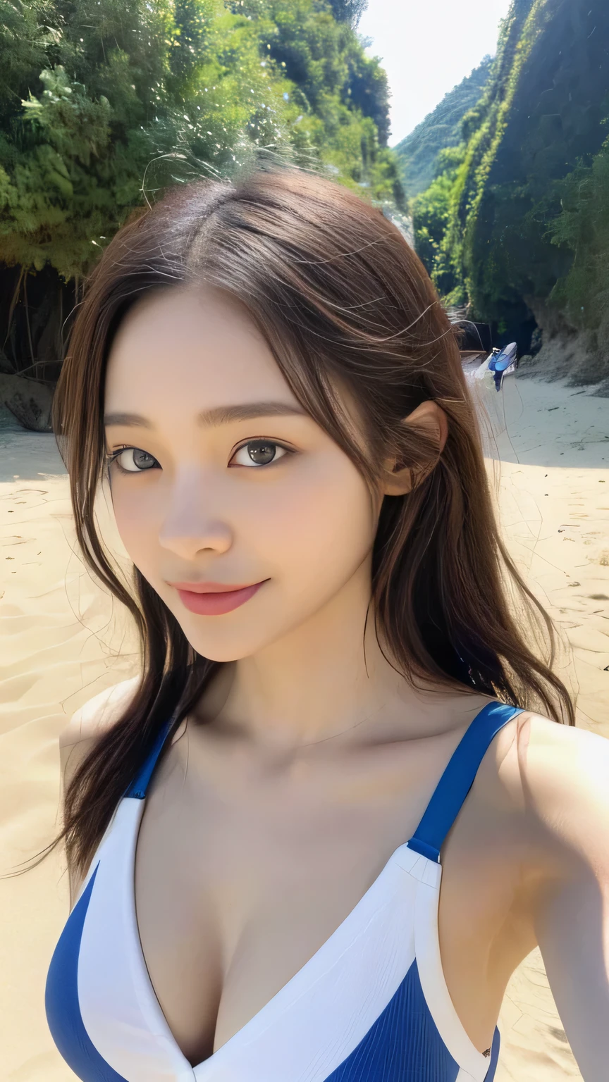 Full body camera angle、((highest quality, 8K, masterpiece:1.3)), concentrated:1.2, Perfect body beauty:1.4, Hips:1.2, ((Delicate Hair)), (Colorful swimsuits、bikini、 :1.1) , ((highest quality、8K、masterpiece:1.3))、1 Girl、A sloppy smile、Esbian all over、Slim face、Big 、Beautiful woman、(Dark Brown Hair)、Flickering Valley、Detailed eyes、double eyelid、Blurred Background、超Slim face、Looking down、Okinawa、Beach、Beach Valley、