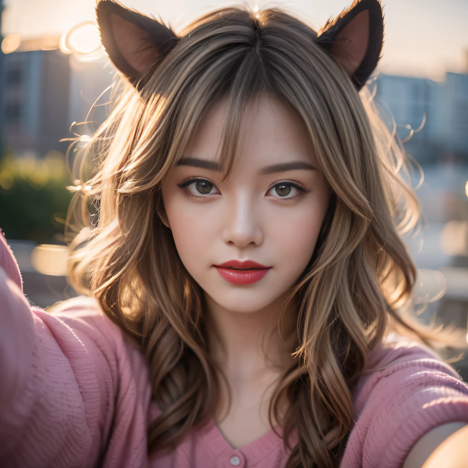 hair, hair bobbles, wince, longeyelashes, solid circle eyes, fake animal ears, light smile, ear blush, fang, Surrealism, drop shadow, anaglyph, stereogram, tachi-e, pov, atmospheric perspective, 8k, super detail, ccurate, best quality，xx remix girl,1 girl, Fisheye, Selfie, wind, Messy hair, Sunset, city View, (Aesthetics and atmosphere:1.2), White hair,Smile,Movie Girl