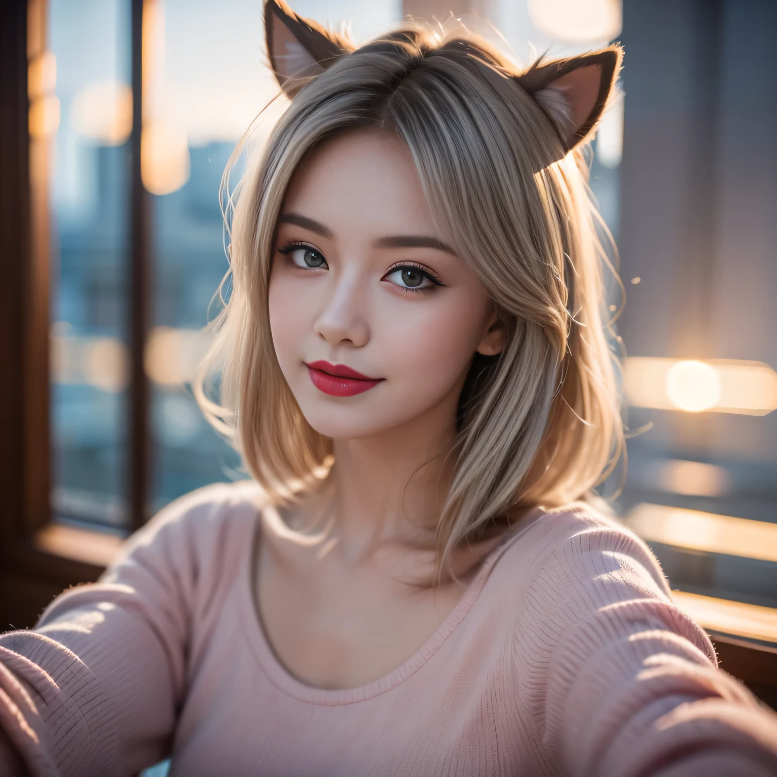 hair, hair bobbles, wince, longeyelashes, solid circle eyes, fake animal ears, light smile, ear blush, fang, Surrealism, drop shadow, anaglyph, stereogram, tachi-e, pov, atmospheric perspective, 8k, super detail, ccurate, best quality,xx remix girl,1 girl, Fisheye, Selfie, wind, Messy hair, Sunset, city View, (Aesthetics and atmosphere:1.2), White hair,Smile,Movie Girl