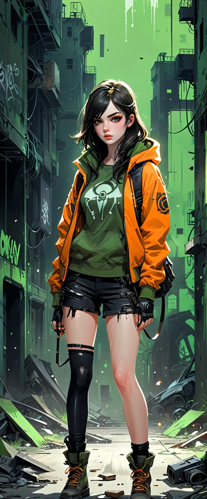 (Anime style artist by Jack Hughes:1.2),((post apocalyptic Wasteland, lugar abandonado, escombros, destruction, edificios destruidos graffiti en las paredes:1.2)), ((1 chica hermosa oscuros, ropa hecha jirones con capucha y bazuca en su mano a punto de tirar, dynamic pose, epic:1.2)), ((fondo oscuro, noche de luna llena:1.2)), (Obra maestra),(mejor calidad:1.2), (Ultra high resolution:1.2), pintura detallada, (((Colores oscuros, naranja, verde, amarillo, intrincado:1.2) ), (( post apocalyptic:1.2 )), (( mejor calidad, vibrante, 32K, luces y sombras bien definidas sin texto:1.2).