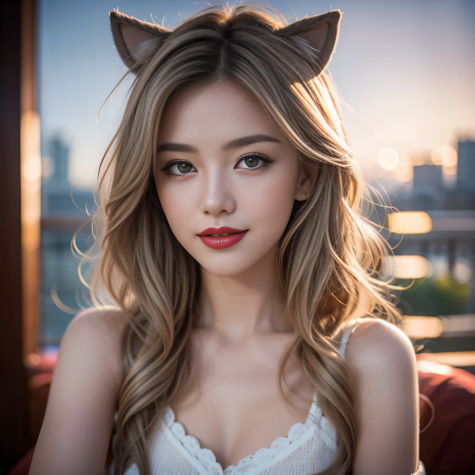 hair, hair bobbles, wince, longeyelashes, solid circle eyes, fake animal ears, light smile, ear blush, fang, Surrealism, drop shadow, anaglyph, stereogram, tachi-e, pov, atmospheric perspective, 8k, super detail, ccurate, best quality，xx remix girl,1 girl, Fisheye, Selfie, wind, Messy hair, Sunset, city View, (Aesthetics and atmosphere:1.2), White hair,Smile,Movie Girl