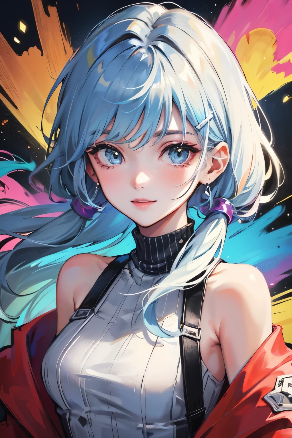 Upper body, 1 girl, raised arms, shy nose, shy smile, multi-colored hair, short bangs, messy hair, multi-colored eyes, beautifully detailed face, ultra-detailed eyes, multi-colored clothes, Sweater, hair clip, hair accessory, jewelry, sun rays, graffiti, multicolored background, colorful, floating colored particles((best quality)), ((Masterpiece)), (details), perfect face