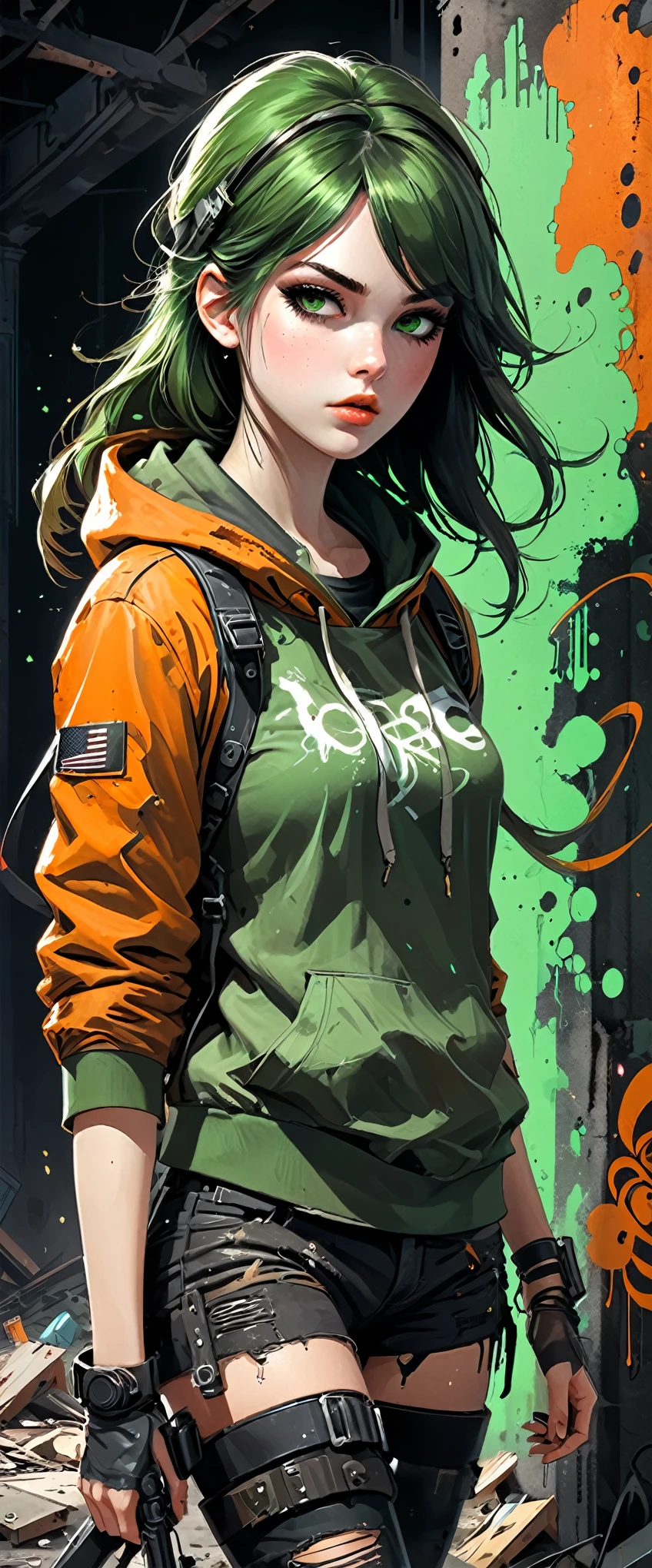 (Anime style artist by Jack Hughes:1.2),((post apocalyptic Wasteland, lugar abandonado, escombros, destruction, edificios destruidos graffiti en las paredes:1.2)), ((1 chica hermosa oscuros, ropa hecha jirones con capucha y bazuca en su mano a punto de tirar, dynamic pose, epic:1.2)), ((fondo oscuro, noche de luna llena:1.2)), (Obra maestra),(mejor calidad:1.2), (Ultra high resolution:1.2), pintura detallada, (((Colores oscuros, naranja, verde, amarillo, intrincado:1.2) ), (( post apocalyptic:1.2 )), (( mejor calidad, vibrante, 32K, luces y sombras bien definidas sin texto:1.2).