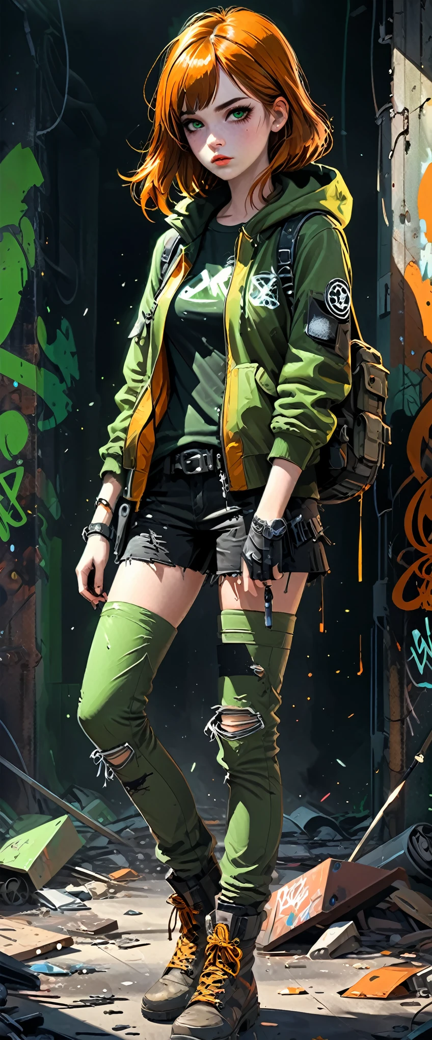 (Anime style artist by Jack Hughes:1.2),((post apocalyptic Wasteland, lugar abandonado, escombros, destruction, edificios destruidos graffiti en las paredes:1.2)), ((1 chica hermosa oscuros, ropa hecha jirones con capucha y bazuca en su mano a punto de tirar, dynamic pose, epic:1.2)), ((fondo oscuro, noche de luna llena:1.2)), (Obra maestra),(mejor calidad:1.2), (Ultra high resolution:1.2), pintura detallada, (((Colores oscuros, naranja, verde, amarillo, intrincado:1.2) ), (( post apocalyptic:1.2 )), (( mejor calidad, vibrante, 32K, luces y sombras bien definidas sin texto:1.2).