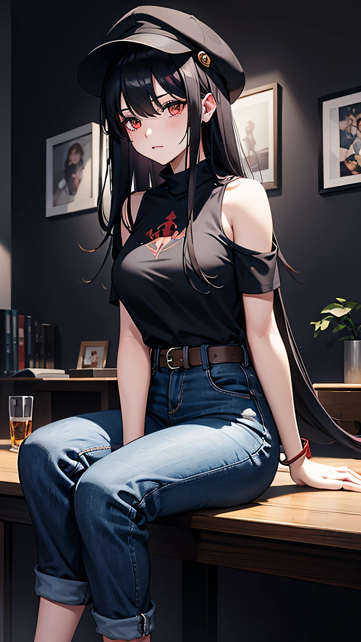最high quality、Best image quality、masterpiece、girl((18-year-old、 By becoming、Best Bust、Medium Bust,Wide open breast tea、Red glowing eyes,Black Hair、Red Mesh、Disheveled Hair、Lointail、thin,The highest valley、Open chest、Luminous Wristbands、hat、hair ornaments、Show the whole body,Black T-shirt、Shoulder bag、Blue trousers、sit、sitting cross-legged)),high quality、Beautiful art、background((Black Room、Black Wall、Black furniture、Big black TV、Black PC、red paint))、Flight、Flying debris、Written boundary depth、movie、Visual Arts、Perfect art、8K,Genuine,