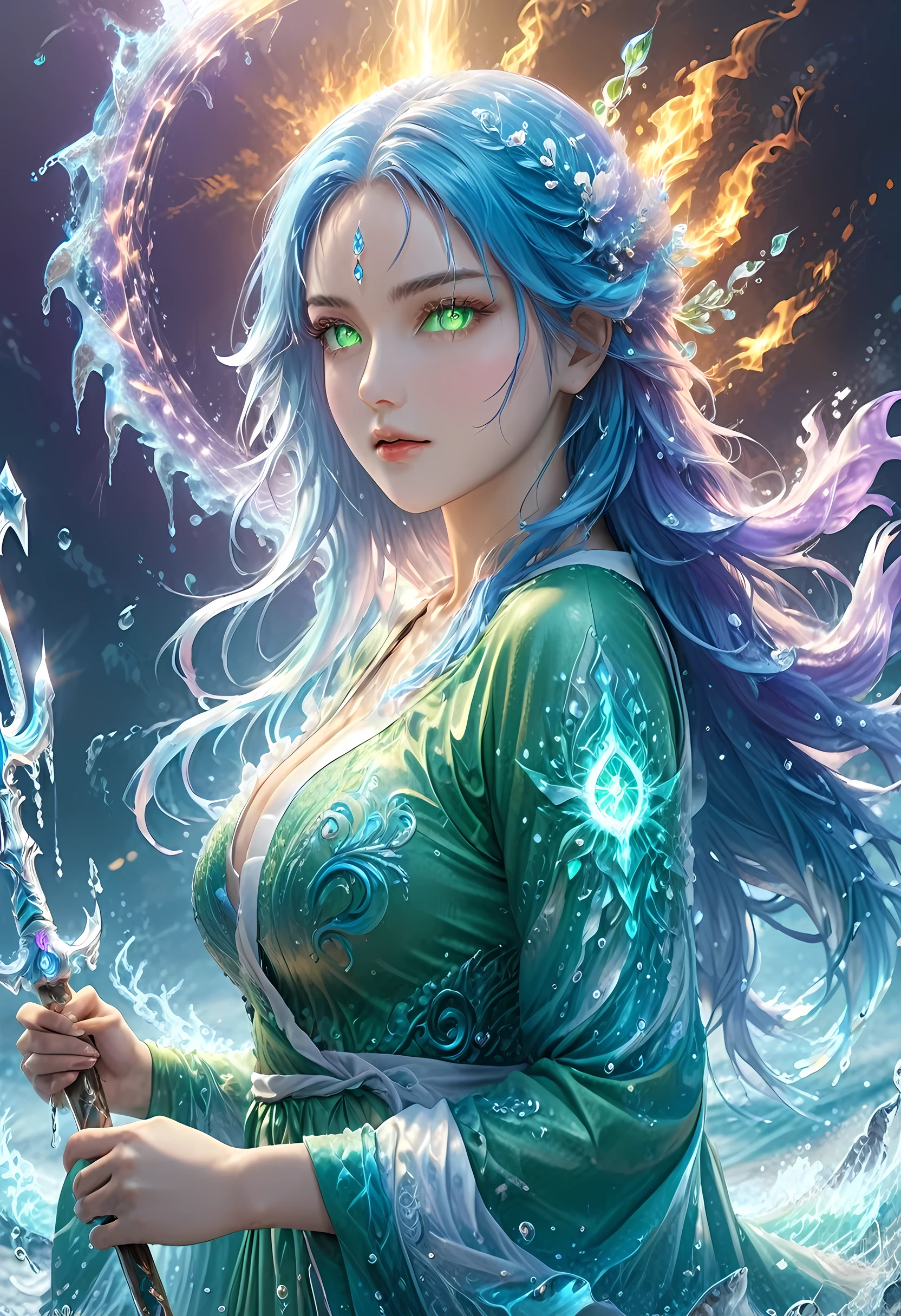 high details, best quality, 8k, [ultra detailed], masterpiece, best quality, (extremely detailed), full body, ultra wide shot, photorealistic, fantasy art, dnd art, rpg art, realistic art, an ultra wide picture of a female human (1.5 intricate details, Masterpiece, best quality) goddess of water  ((watery radiant aura)), controlling a swirling streams of watery magic (1.5 intricate details, Masterpiece, best quality), manipulating purple radiant magical symbols, [[divine symbols]] (1.5 intricate details, Masterpiece, best quality), human female, blue  hair, long hair with aura, hair with green radiant eyes, intense eyes, holding a trident, ((radiant eyes)), (( green glowing eyes)), dynamic clothing, fantasy sea background, stresms of sea water,  celestial  background, ((divine worship atmosphere)), high details, best quality, highres, ultra wide angle, Latex, faize