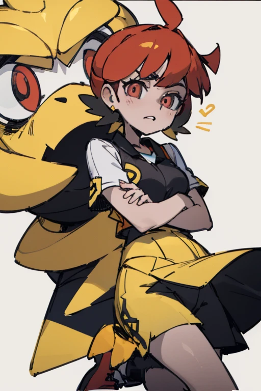 Chica, melena rojo en dos coletas, ojos naranjas, ropa deportiva, Pokémon Trainer, shy