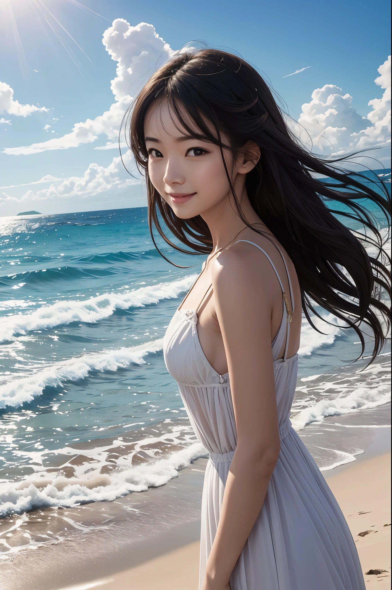 8K,Woman looking at the sea,1 超美people(Like the real thing), Sharpening of facial expressions,Blue sky and white clouds with warm sunshine, Smiling and gazing into the distance, The fine grains of sand on the beach sparkle in gold., The wind is accompanied by small waves. The distant island is surrounded by greenery, sexy, Her stunning beauty is like a ray of light, Captivating the whole of heaven and earth. . Beach dream scene, people々Make people feel like they&#39;re there, Enjoy the beauty,The perfect angle、Professional quality high resolution、Perfect contrast、Perfect lighting、Perfect composition、Perfect Skin、Perfect Fingers、Perfect breasts、Perfect Hair、Perfect Face、Realistic facial features,masterpiece,Photorealistic RAW photos,Bright colors,Rich colors,50mm lens,Nikon D850,super highest quality,Slim figure,Perfect body line,Perfect hand shape,Anatomical body balance,Highly detailed face,Highly detailed eyes,Beautiful Lips,Excellent light particles,Cinema Lighting,Makeup,Ultra-high resolution,Ultra-Realistic Skin,sexyな女性のクローズアップ,
