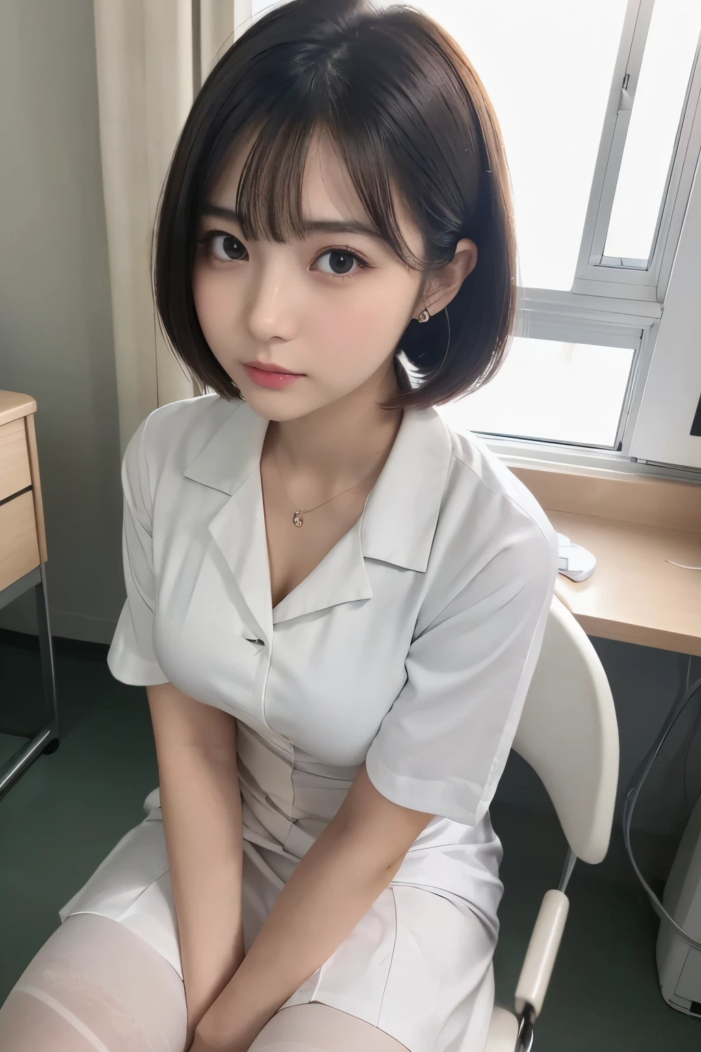 (1 Girl)、(Beautiful Japanese、18years old,round face、Refreshing、clear、seems kind、stylish、Pitiful、cute like an angel、cute、black eyes、,actress,Almond-shaped eyes,eyeliner:1.3), Good style , (Beautiful big breasts:1.2),(soft breasts),(very cute),(Black hair),(short bob hair),(enchanting eyes),(highlight on eyes:1.2)、(8K、Live shooting、highest quality、masterpiece:1.2、optimal lighting)、((masterpiece)),(Photo taken by a professional photographer),(real、photo real:1.4),break,{ (White nurse costume),(((taraditional nurse uniform))),(White nurse mini skirt),((White pantyhose)),(cleavage:0.7)},(Serious face),(cheeks are red:1.4), break, break,Hospital,Face shot:1.3、Hospital room、 face close-up,Dynamic angle,During examination,Stethoscope、Examination table、Hands on chest