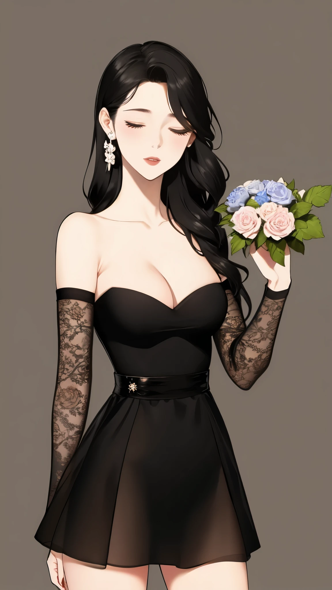  8k, super detail, best quality, masterpiece，1girl, long hair, solo, jewelry, earrings, flower, breasts, closed eyes, dress, very long hair, black hair, long sleeves, holding, hair ornament, simple background, collarbone, closed mouth, mature female,bad-girl， medium breasts,cleavage,  holding flower, grey background, (((see-through))), rose, eyelashes, blue flower, cowboy shot, light particles, black flower，