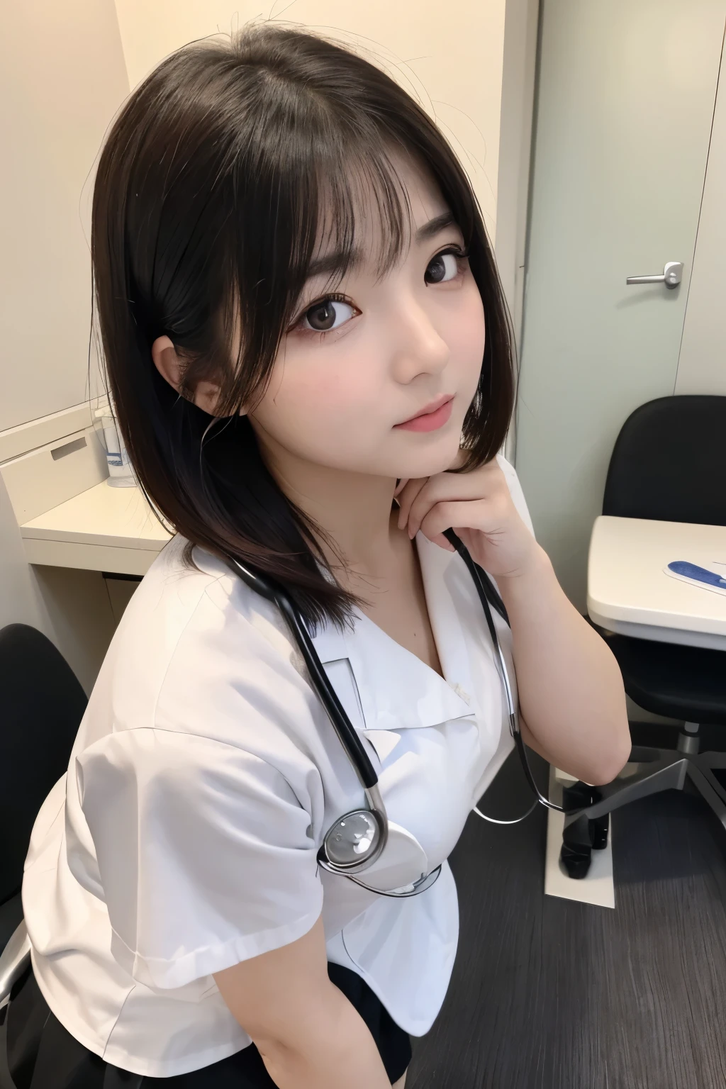 (1 Girl)、(Beautiful Japanese、18years old,round face、Refreshing、clear、seems kind、stylish、Pitiful、cute like an angel、cute、black eyes、,actress,Almond-shaped eyes,eyeliner:1.3), Good style , (Beautiful big breasts:1.2),(soft breasts),(very cute),(Black hair),(short bob hair),(enchanting eyes),(highlight on eyes:1.2)、(8K、Live shooting、highest quality、masterpiece:1.2、optimal lighting)、((masterpiece)),(Photo taken by a professional photographer),(real、photo real:1.4),break,{ (White nurse costume),(((taraditional nurse uniform))),(White nurse mini skirt),((White pantyhose)),(cleavage:0.7)},(Serious face),(cheeks are red:1.4), break, break,Hospital,Face shot:1.3、Hospital room、 face close-up,Dynamic angle,During examination,Stethoscope、Examination table、Hands on chest