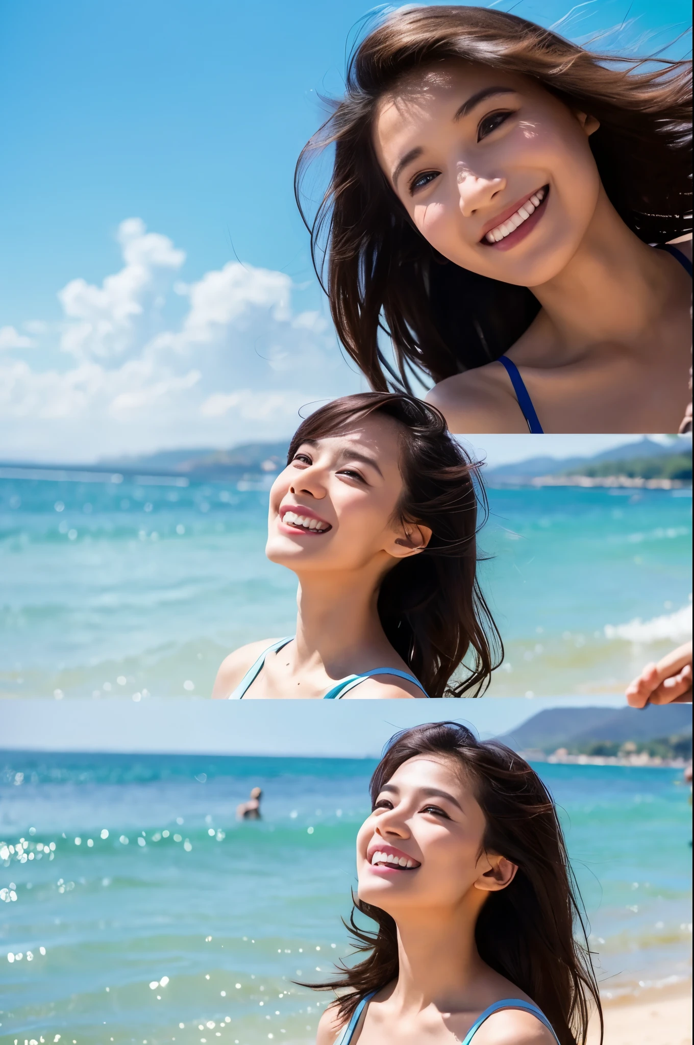 8K,Woman looking at the sea,1 超美people(Like the real thing), Sharpening of facial expressions,Blue sky and white clouds with warm sunshine, Smiling and gazing into the distance, The fine grains of sand on the beach sparkle in gold., The wind is accompanied by small waves. The distant island is surrounded by greenery, sexy, Her stunning beauty is like a ray of light, Captivating the whole of heaven and earth. . Beach dream scene, people々Make people feel like they're there, Enjoy the beauty,The perfect angle、Professional quality high resolution、Perfect contrast、Perfect lighting、Perfect composition、Perfect Skin、Perfect Fingers、Perfect breasts、Perfect Hair、Perfect Face、Realistic facial features,masterpiece,Photorealistic RAW photos,Bright colors,Rich colors,50mm lens,Nikon D850,super highest quality,Slim figure,Perfect body line,Perfect hand shape,Anatomical body balance,Highly detailed face,Highly detailed eyes,Beautiful Lips,Excellent light particles,Cinema Lighting,Makeup,Ultra-high resolution,Ultra-Realistic Skin,sexyな女性のクローズアップ,breast enhancement,