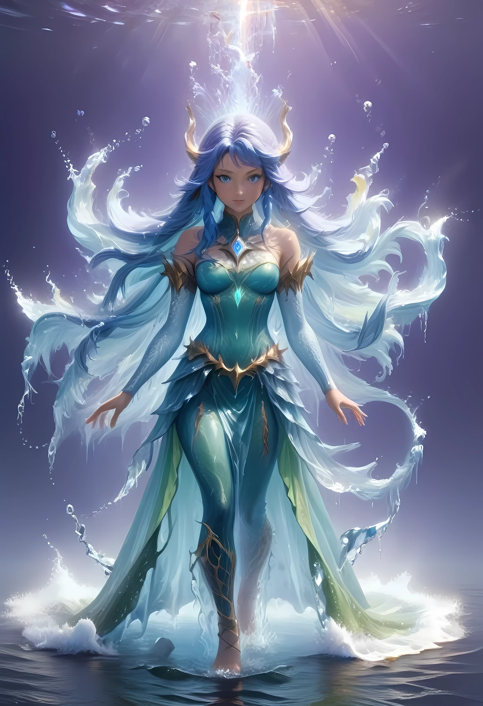 high details, best quality, 8k, [ultra detailed], masterpiece, best quality, (extremely detailed), full body, ultra wide shot, photorealistic, fantasy art, dnd art, rpg art, realistic art, an ultra wide picture of a female human (1.5 intricate details, Masterpiece, best quality) goddess of water  ((watery radiant aura)), controlling a swirling streams of watery magic (1.5 intricate details, Masterpiece, best quality), manipulating purple radiant magical symbols, [[divine symbols]] (1.5 intricate details, Masterpiece, best quality), human female, blue  hair, long hair with aura, hair with green radiant eyes, intense eyes, holding a trident, ((radiant eyes)), (( green glowing eyes)), dynamic clothing, fantasy sea background, stresms of sea water,  celestial  background, ((divine worship atmosphere)), high details, best quality, highres, ultra wide angle, Latex, faize