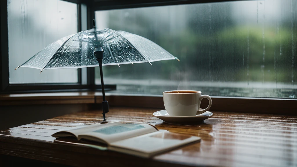 Book,Coffee cup, Rainy Afternoon, Wet day outside, photorender, inside on a Wet day, Highly detailed VFX espresso, Cinematic morning light, Wet day, 窓のIt's raining outsideが降っています, photo, photograph, 高画質で繊細なphotograph, on a Wet day, Moody morning light, Steaming coffee, It's raining outside