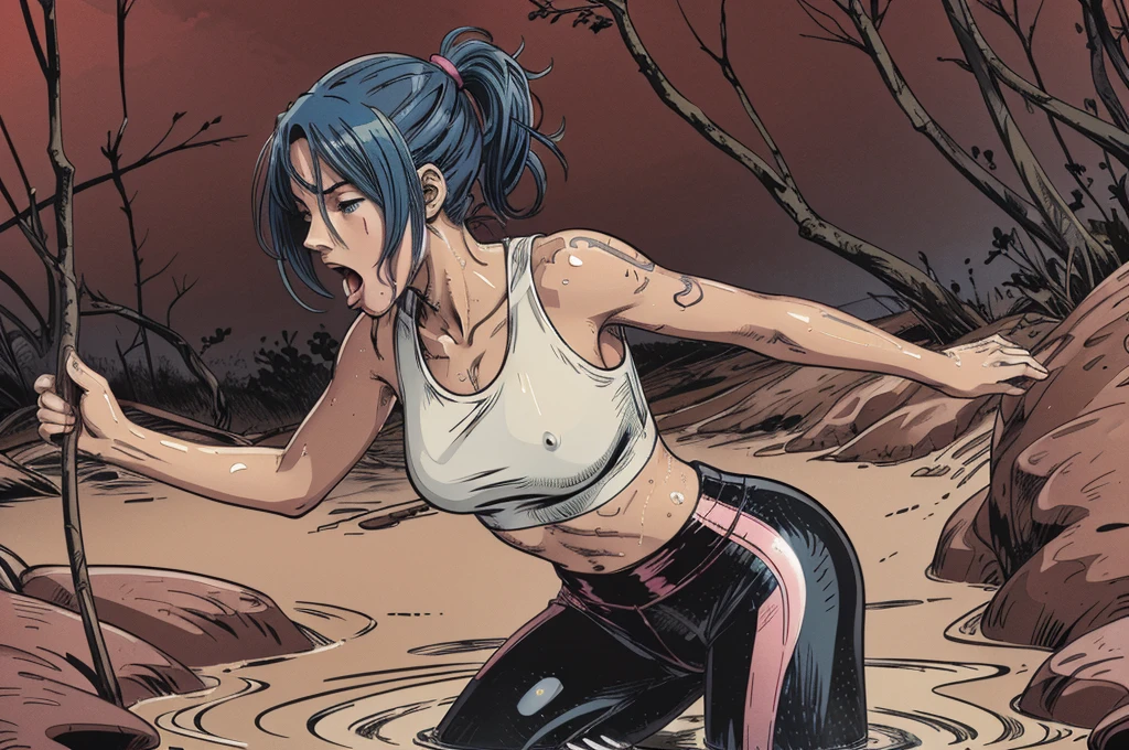 (vector image:1.2), (best quality), (highres), (masterpiece), (anime), (young teenage girl head), (gloomy orgasm:1.0),(colored hair), (blush), (sporty top),(sporty wetlook leggings), (completely drowned in quicksand bog), (red), tattoo, turns around, from side