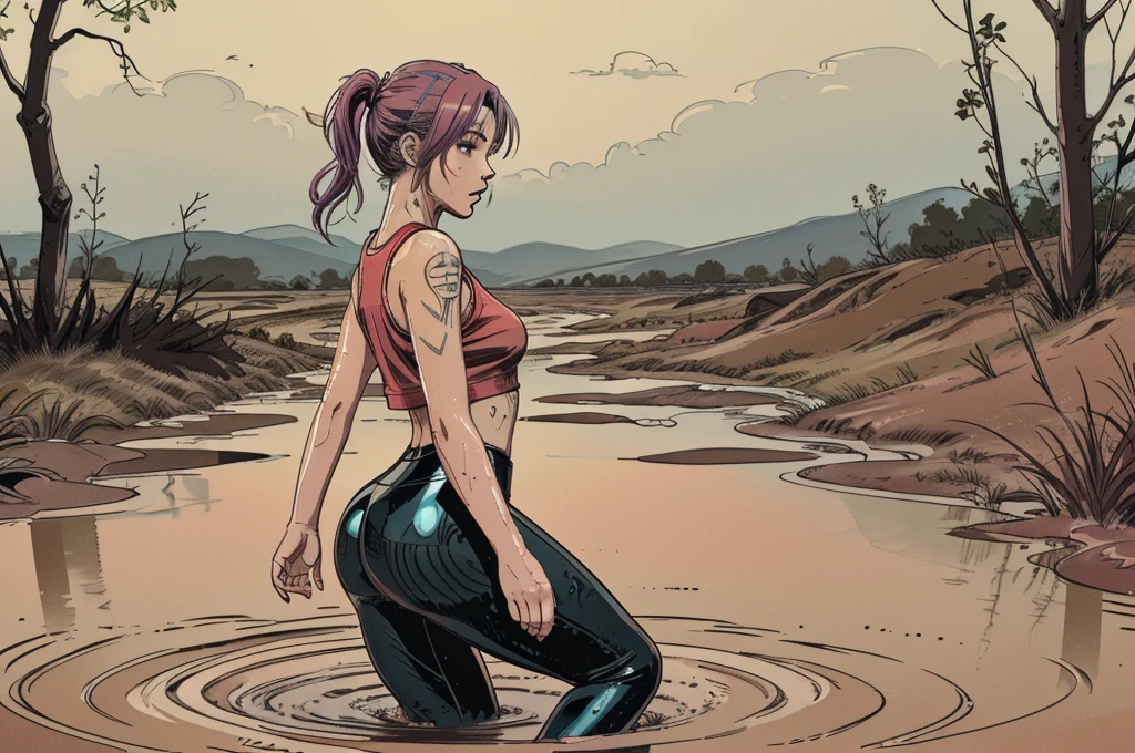 (vector image:1.2), (best quality), (highres), (masterpiece), (anime), (young girl head), (gloomy orgasm:1.0),(colored hair), (blush), (sporty top),(sporty wetlook leggings), (completely drowned in quicksand bog), (red), tattoo, turns around, from side