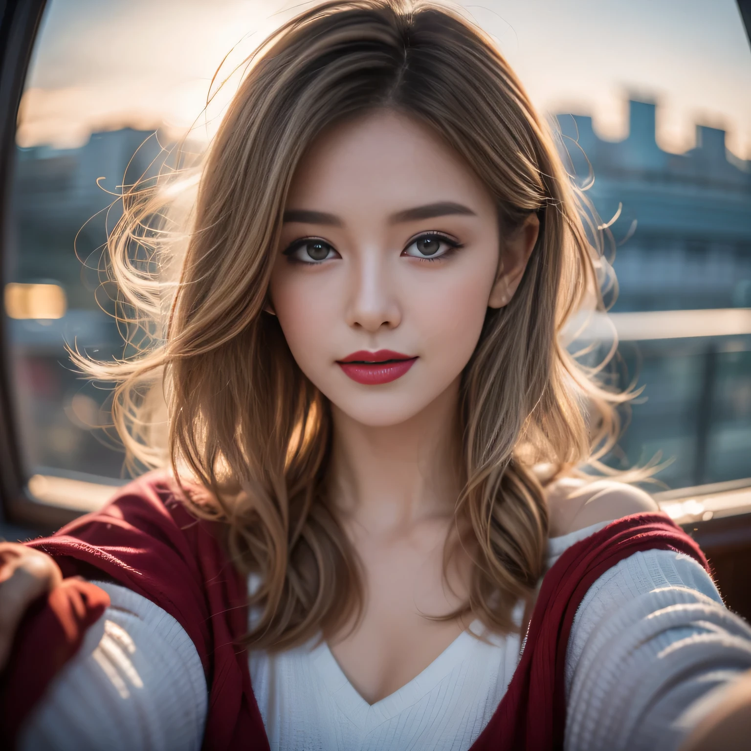 hair bobbles, wince, longeyelashes, solid circle eyes, light smile, ear blush, fang, Surrealism, drop shadow, anaglyph, stereogram, tachi-e, pov, atmospheric perspective, 8k, super detail, ccurate, best quality, award winning, best quality, highres, ccurate, masterpiece, retina, UHD，xx remix girl,1 girl, Fisheye, Selfie, wind, Messy hair, Sunset, city View, (Aesthetics and atmosphere:1.2), White hair,Smile,Movie Girl