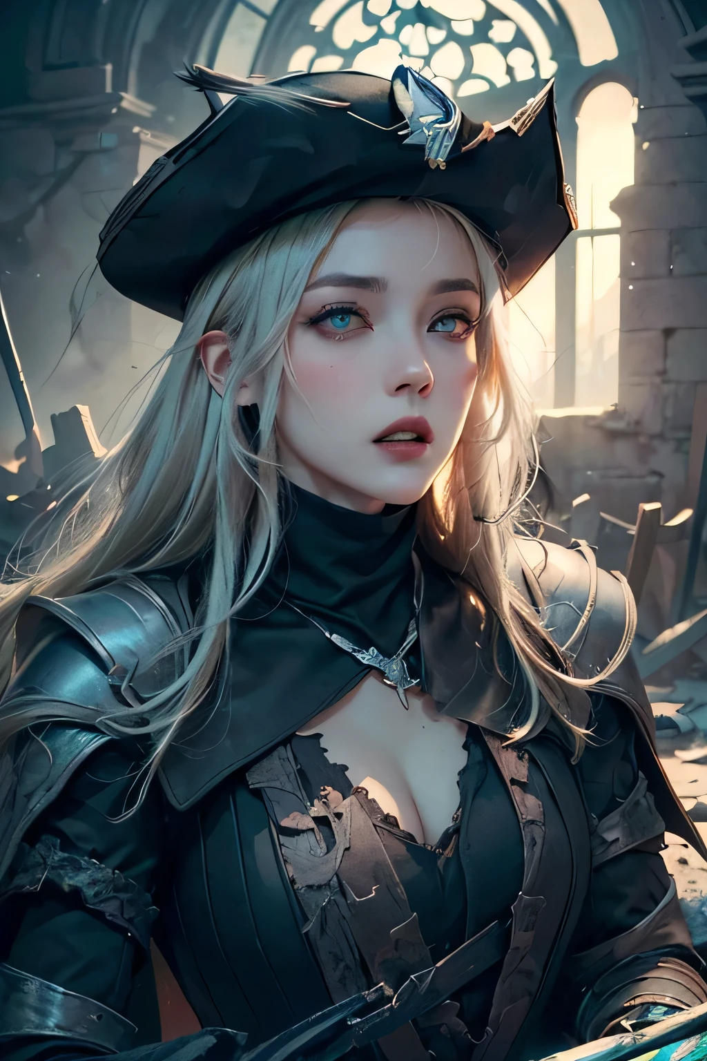 ,number々Award-winning masterpieces of, with incredible detail, textures and maximum detail), (hyper Realistic:1.4),  (Realistic:1.3), (Top quality real texture skins), (Aesthetic and decadent image: 1.7), ((five perfect and beautiful fingers)), (pale but beautiful face:1.5), (Red eyes shining in a fine circle: 1.2), (Finely detailed and beautiful face:1.5),  (A pair of red pupils eyes) blonde (Two thick, long, Sharp vampire teeth protruding from the lips: 1.6), (Full long portrait:1.8), (Dark black full metal plated armor that covers the entire body: 1.7), (keep the handle straight, black long sword with elaborate decoration that emits an evil light: 1.7), (There is a scratch on the shape of the armor...., But delicately decorated: 1.7), ((Wandering vampire swordsman)), ((only have two arms)), ((Less skin exposure)), ((kNight in black)), (Gripping the hilt of an elaborately decorated black long sword that glows with a monstrous light:1.7), (she is wearing worn out clothes, Tattered black leather cloak), (Full long portrait:1.8), (Delicately decorated Costume:1.4), (Anatomically correct limbs and physique:1.6), ((medieval world)), ((dramatic photography)), ((dynamic photo)), ((Cinematic light)), (looks up), (Looking down), (dramatic pose), Wind Effects and Offensive Spells, Beautiful white hair,blonde hair, Beautiful Red hair, piratte hat,Beautiful blonde hair ,black web robe, (Drifting Haze: 1.3), Old ruins infested with plants, , Deserted ruins, ((Night, Twilight, Sunset, Dusk)), Battlefield, Detailed Armor, epic Realistic, ((Neutral colors)), (nffsw:1.5), (Muted colors:1.2), Hyper Detailed, Cinematic, Warm lights, Dramatic light, (Intricate details:1.1), Complex background, Art Book, (Art Book station:1.5),  light effect, (Intricate details:1.1), Complex background, (Greg Rutkowski:0.8), (teal and orange:0.4),