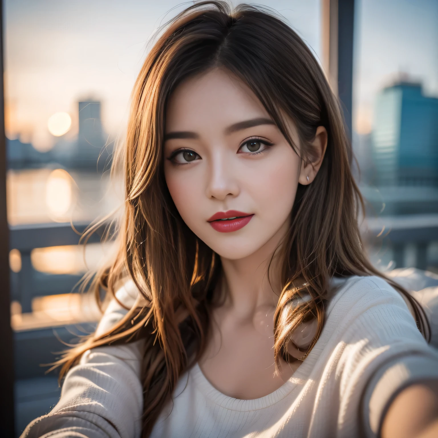 hair bobbles, wince, longeyelashes, solid circle eyes, light smile, ear blush, fang, Surrealism, drop shadow, anaglyph, stereogram, tachi-e, pov, atmospheric perspective, 8k, super detail, ccurate, best quality, award winning, best quality, highres, ccurate, masterpiece, retina, UHD,xx remix girl,1 girl, Fisheye, Selfie, wind, Messy hair, Sunset, city View, (Aesthetics and atmosphere:1.2), White hair,Smile,Movie Girl