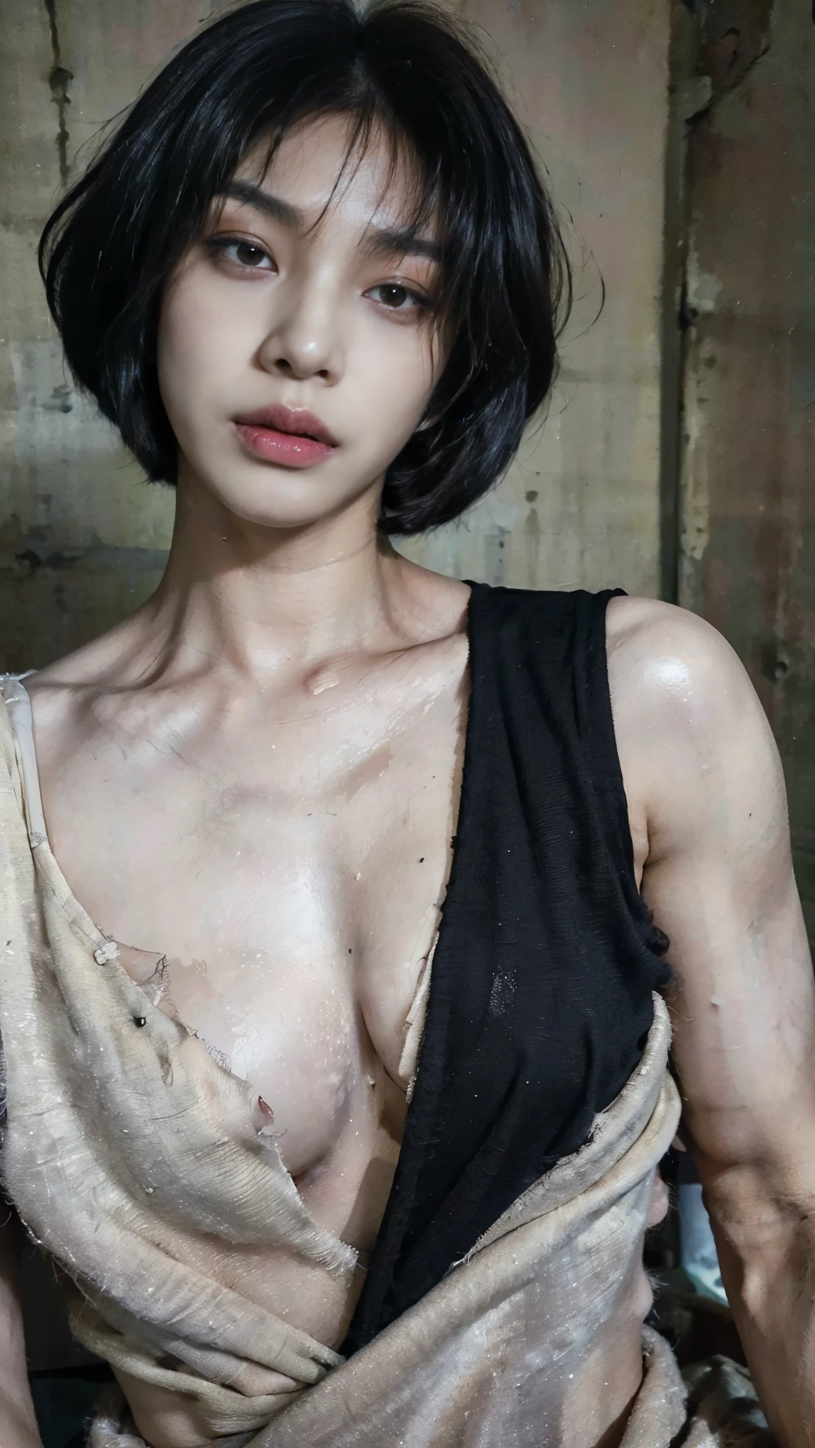 Realistic photos, 8k,(((Bob cut ladyboy,transgender,otokonoko))),((whole body,Flat Chest,Very muscular,Body fat percentage10%,Muscles like athletes,Macho,massive)),(((Damp,In a dirty room,Lying down,Homeless,beggar,Pale face,It is dirty,Bad smell,dirty,odor,Homeless,Depraved,Handsome young Korean ladyboy with bob cut))),(((Very big eyes,Glaring at the camera,Angry face,looking at the camera,Frowning))),Chest is male,18-year-old,(Ultra-realistic), (figure), (High resolution), (8k), (Very detailed), (Best figure), (Beautiful fine details), (highest quality), (Super detailed), (masterpiece), (wallpaper), (Detailed face), ,alone,Black hair bob cut,(((A girl with makeup on her face,The body is a perfect man))), naked,Wrapped in a dirty blanket,Transgender,Korean,kpop,Muscular male chest