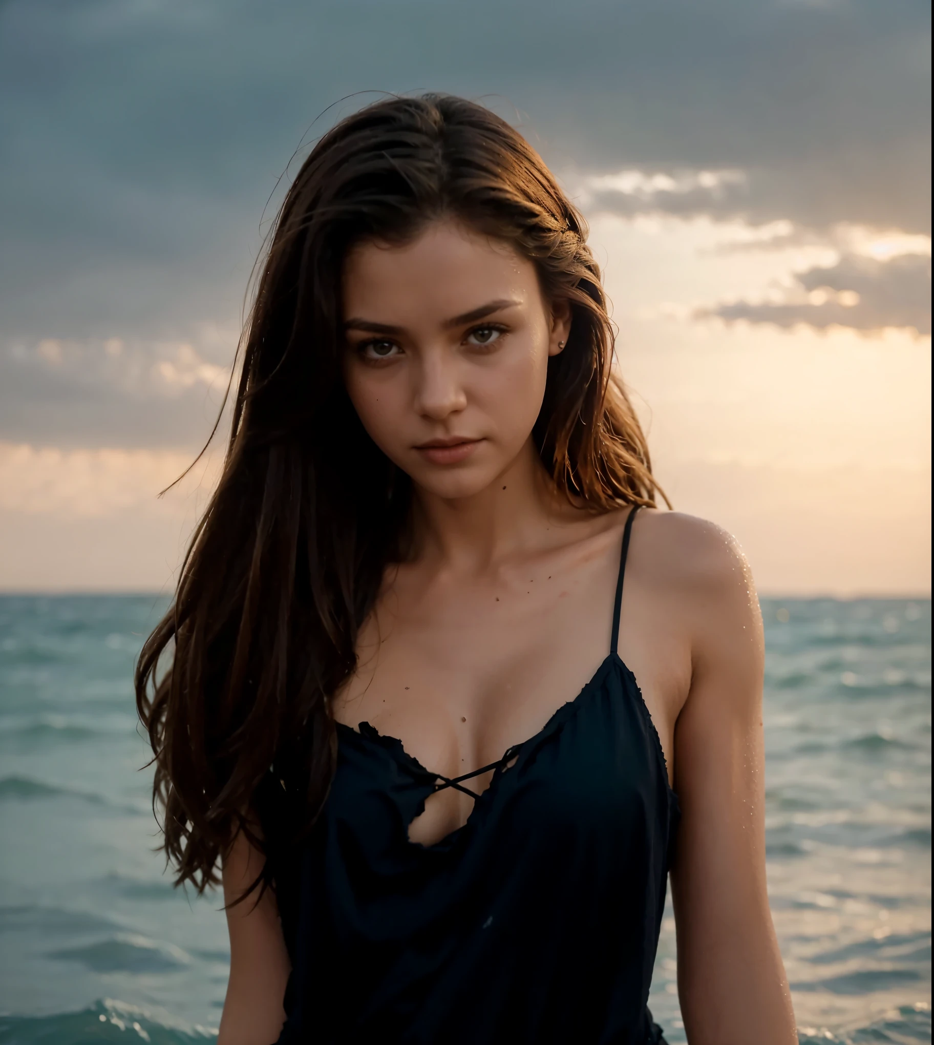 reference sheet: 1.8, great details, high quality, masterful work, a beautiful girl walks along the surface of the water at dusk, gloomy atmosphere, wet dress, gloomy background, River, stones, Dry trees, girl in a wet dress, barefoot, оголённые legs, got lost, girl in search, in a torn dress, torn clothes, torn fabric, pieces of cloth, came ashore after a shipwreck, shipwrecks float in the distance, wounds and abrasions on the body, идет и limps, in search of accommodation and food, a seriously wounded girl in scraps of dress and torn fabric, holds the wet hem of her dress with one hand, wounded body, seriously wounded girl can barely walk, blood из раны, blood, Twilight, sunny goes beyond the horizon, it&#39;s getting dark , limps, low horizon, anatomy, legs, правильная anatomy ног, legs в воде, правильная anatomy, hands, Hands, анатомичные hands, fingers, правильные hands