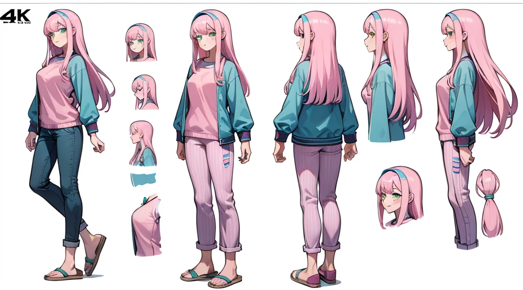 Best Quality, Masterpiece, Realistic, unreal engine, 4k, 28 year old, relaxed happy face, detailed character sheet, frontal view, side view, three quarter view, white background, long hair, bangs, pink hair, green eyes, medium breasts, pink with blue shirt, pink with blue stripe pants, slippers, gaming headphone, nerd
