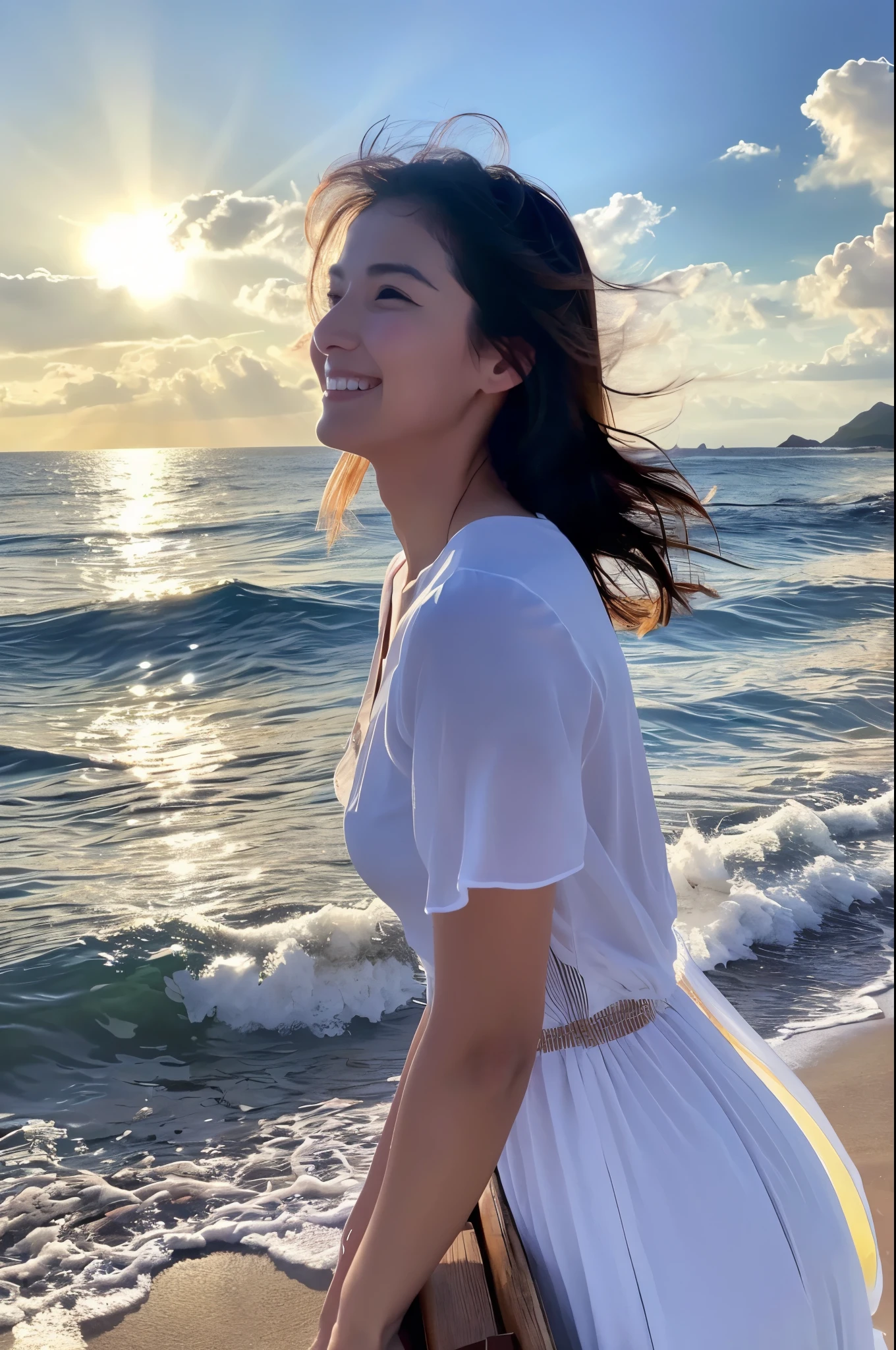 8K,Woman looking at the sea,1 超美people(Like the real thing), Sharpening of facial expressions,Blue sky and white clouds with warm sunshine, Smiling and gazing into the distance, The fine grains of sand on the beach sparkle in gold., The wind is accompanied by small waves. The distant island is surrounded by greenery, sexy, Her stunning beauty is like a ray of light, Captivating the whole of heaven and earth. . Beach dream scene, people々Make people feel like they&#39;re there, Enjoy the beauty,The perfect angle、Professional quality high resolution、Perfect contrast、Perfect lighting、Perfect composition、Perfect Skin、Perfect Fingers、Perfect breasts、Perfect Hair、Perfect Face、Realistic facial features,masterpiece,Photorealistic RAW photos,Bright colors,Rich colors,50mm lens,Nikon D850,super highest quality,Slim figure,Perfect body line,Perfect hand shape,Anatomical body balance,Highly detailed face,Highly detailed eyes,Beautiful Lips,Excellent light particles,Cinema Lighting,Makeup,Ultra-high resolution,Ultra-Realistic Skin,sexyな女性のクローズアップ,breast enhancement,