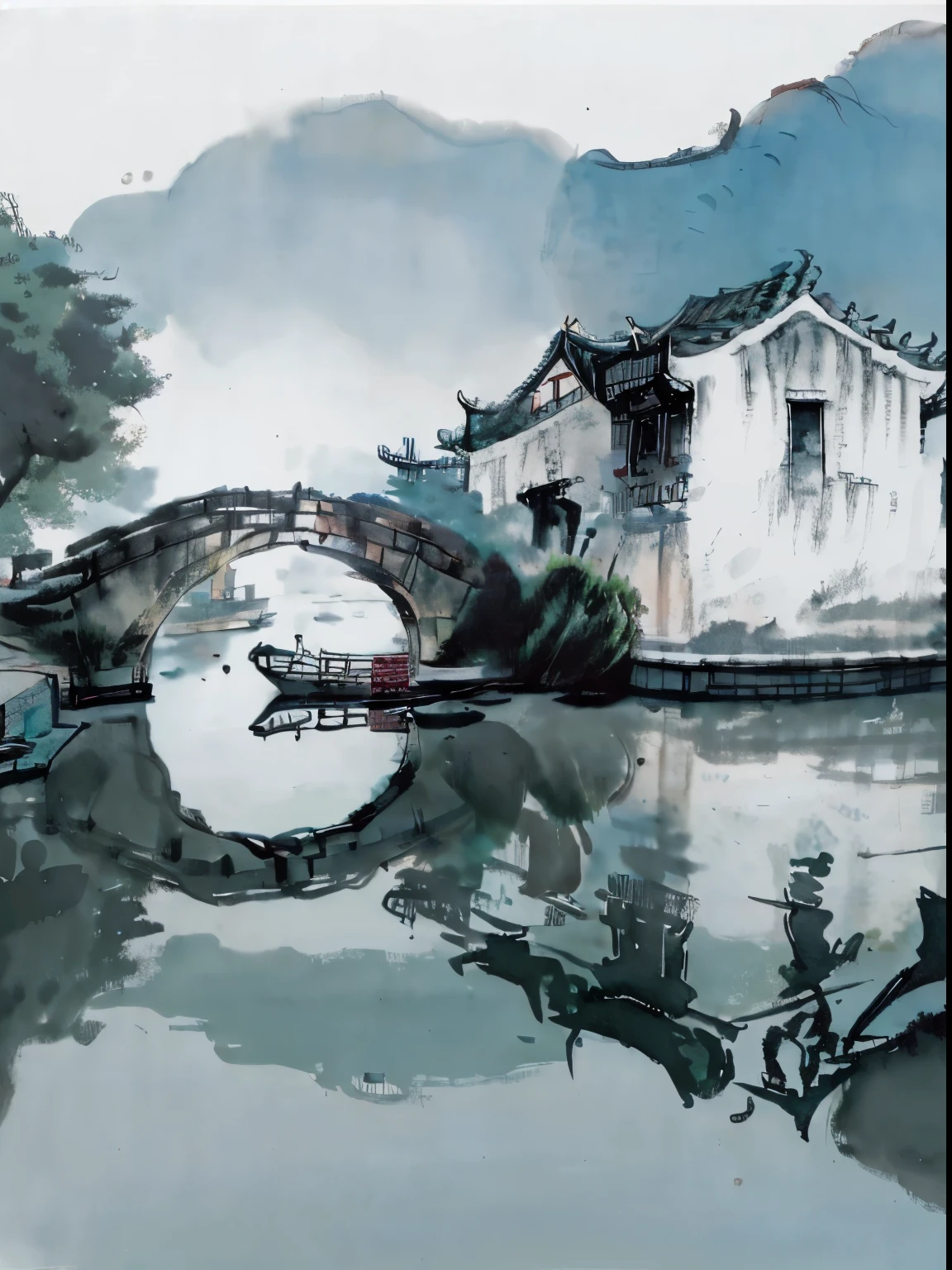 There is a boat parked on the water near the bridge, Dreamy Chinatown, author：Shi Rui, by Xia Yong, Chinese Village, by Xie Shichen, by Wu Zuoren, Chinese scenery, by Yu Zhiding, author：Song Xu, author：Fan Qi, Zhu Derun, by Jiang Tingxi, by Zheng Xie，Black and White，8K，Award-winning works of National Geographic Magazine