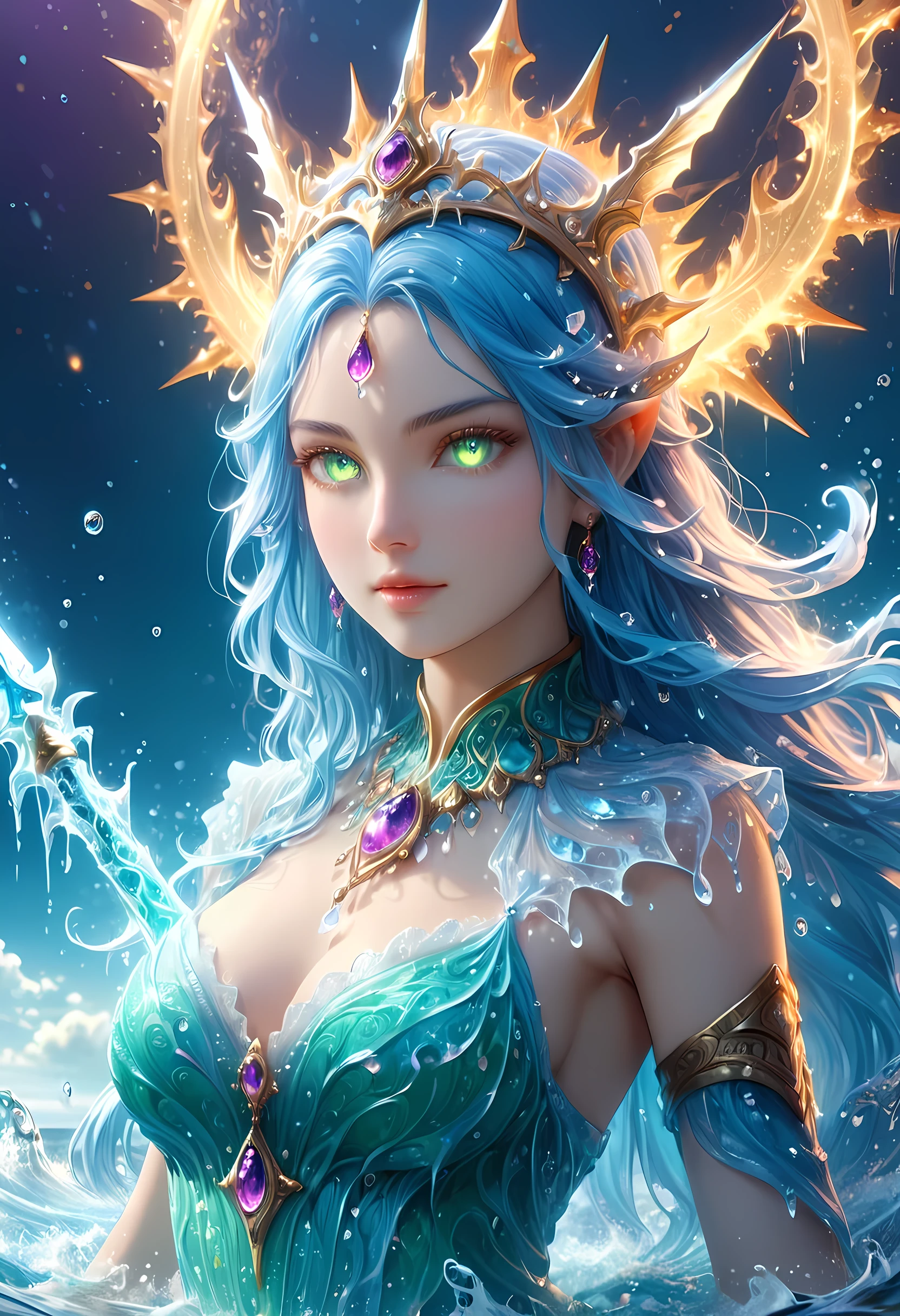 high details, best quality, 8k, [ultra detailed], masterpiece, best quality, (extremely detailed), full body, ultra wide shot, photorealistic, fantasy art, dnd art, rpg art, realistic art, an ultra wide picture of a female human (1.5 intricate details, Masterpiece, best quality) goddess of water  ((watery radiant aura)), controlling a swirling streams of watery magic (1.5 intricate details, Masterpiece, best quality), manipulating purple radiant magical symbols, [[divine symbols]] (1.5 intricate details, Masterpiece, best quality), human female, blue  hair, long hair with aura, hair with green radiant eyes, intense eyes, holding a trident, ((radiant eyes)), (( green glowing eyes)), dynamic clothing, fantasy sea background, stresms of sea water,  celestial  background, ((divine worship atmosphere)), high details, best quality, highres, ultra wide angle,  faize