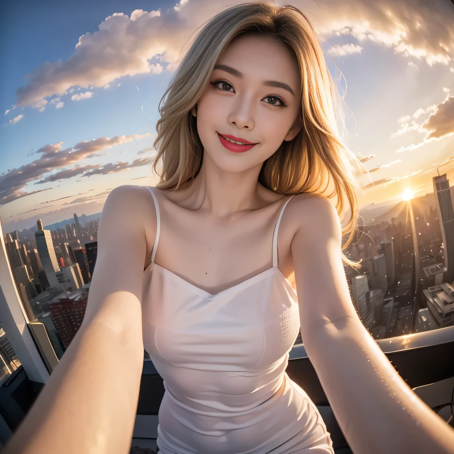 hair bobbles, wince, longeyelashes, solid circle eyes, light smile, ear blush, fang, Surrealism, drop shadow, anaglyph, stereogram, tachi-e, pov, atmospheric perspective, 8k, super detail, ccurate, best quality, award winning, best quality, highres, ccurate, masterpiece, retina, UHD,xx remix girl,1 girl, Fisheye, Selfie, wind, Messy hair, Sunset, city View, (Aesthetics and atmosphere:1.2), White hair,Smile,Movie Girl