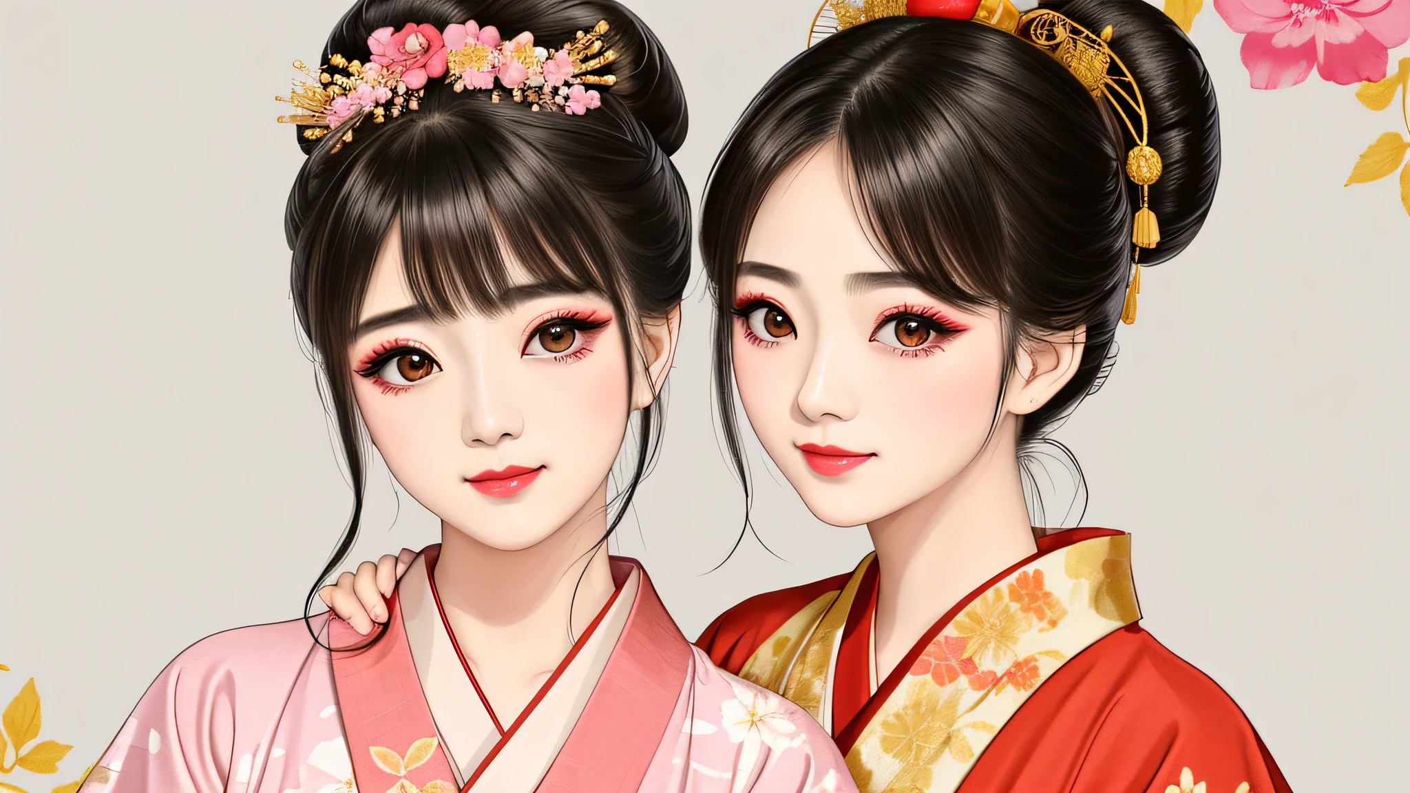 Each has a different expression2People and sisters、(2 girls)、⦅Dancing traditional arts with grace)、((Big Breasts、Small Face、Not exposed))、highest quality、masterpiece、(Black Hair、Bun Hair)、Brown Eyes、⦅Wide angle、Angle from above the waist、Pause on the magazine cover、Their gazes are different, gazing into the distance⦆、(8K High Quality、masterpiece、High resolution、Realistic and beautiful light and shadow、(highest quality)、(High Resolution)、(Very delicate and beautiful)、(Beautiful 8k face)、(With a smile、Beautiful eyes)、(Clear skin)、(Soft hair)、(8Head to Body)、(A Japanese style yukata kimono with red, pink and orange floral patterns on a white background, interspersed with gold powder、Wearing a yukata2Beautiful Japanese girls)、((Tanabata decoration background))、((Small Face))、(arms up)、Thin and small nose、(Red lipstick)、(Make your cheeks red)、(Glossy skin)、((Ink painting style))、Very thin eyebrows、Overall ultra-high image quality、(She is wearing maiko-style makeup.)、Whitening、Long and beautiful eyelashes、Glowing Skin、(Red cheeks),Straight nose、masterpiece、highest quality、whole body、 Eyebrows visible through hair、Bun Hair、Grin、Gal、Gal、Viewer's Eyes、Plaid、Stylish、woman、fine、Pause、
Waiting to start