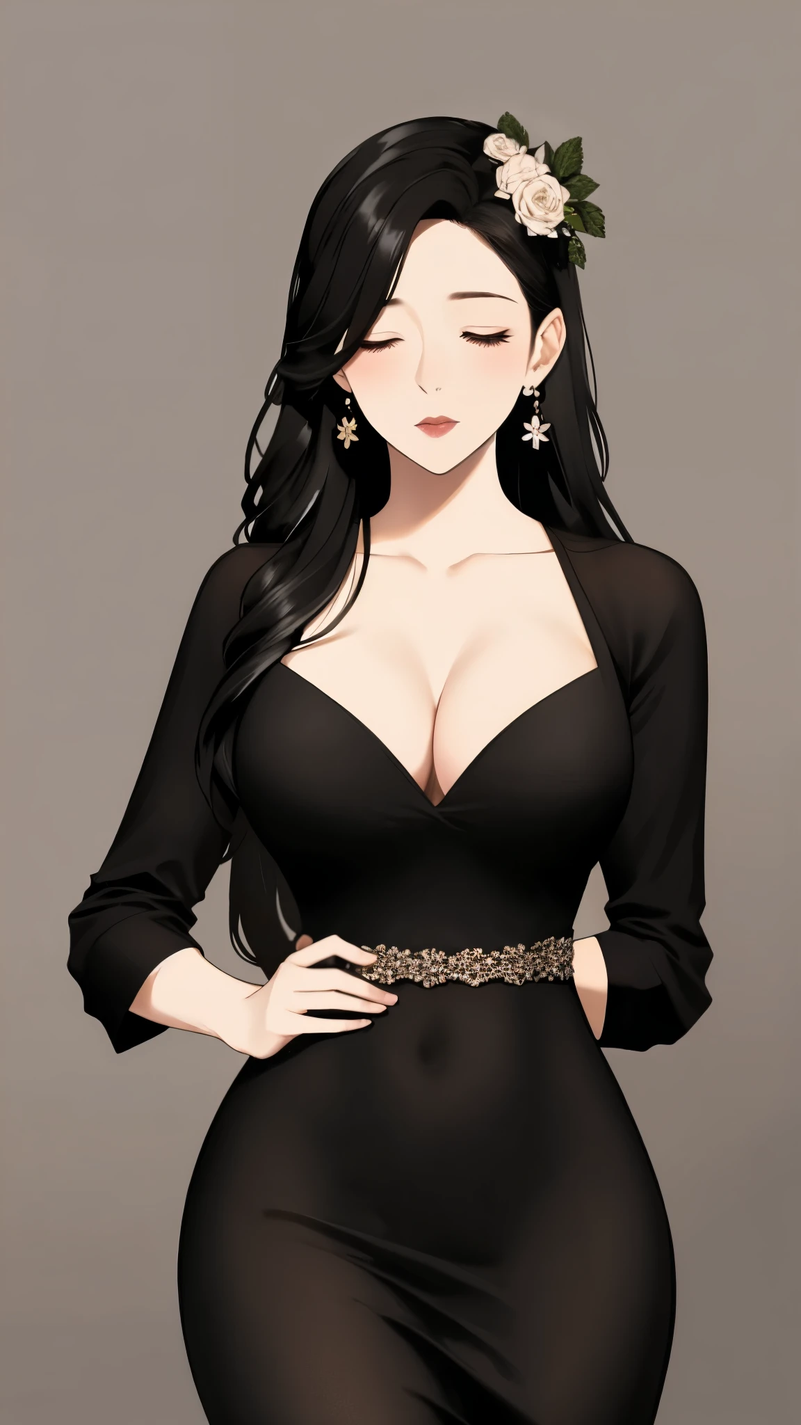  8k, super detail, best quality, masterpiece，1girl, long hair, solo, jewelry, earrings, flower, breasts, closed eyes, dress, very long hair, black hair, long sleeves, holding, hair ornament, simple background, collarbone, closed mouth, mature female,bad-girl， medium breasts,cleavage,  holding flower, grey background, (((see-through))), rose, eyelashes, blue flower, cowboy shot, light particles, black flower，