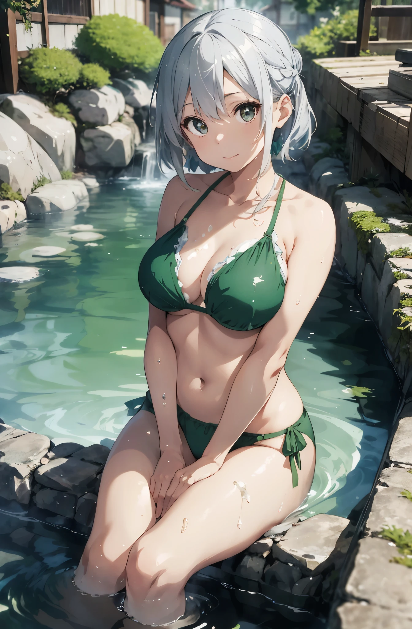 Silver-haired girl drawn in high resolution Japanese anime style、Realistic background blur that looks like it was taken with a high-performance camera.、Please provide high quality illustrations........。Beautiful woman soaking in a hot spring with a relaxed expression.、The steam rising from the bathtub is beautifully depicted................。Attention to detail in hair and skin、There are no houses around、quiet、Enjoy the natural texture。Communicating the atmosphere of a hot spring town、Please also draw the surrounding scenery and hot spring facilities................。Highlighting a beautiful girl in a green bikini。。。、Please draw an illustration that captures her charm................。Wakame seaweed、Wakame seaweed、Wakame seaweed、Wakame seaweed、Wakame seaweed、Wakame seaweed、