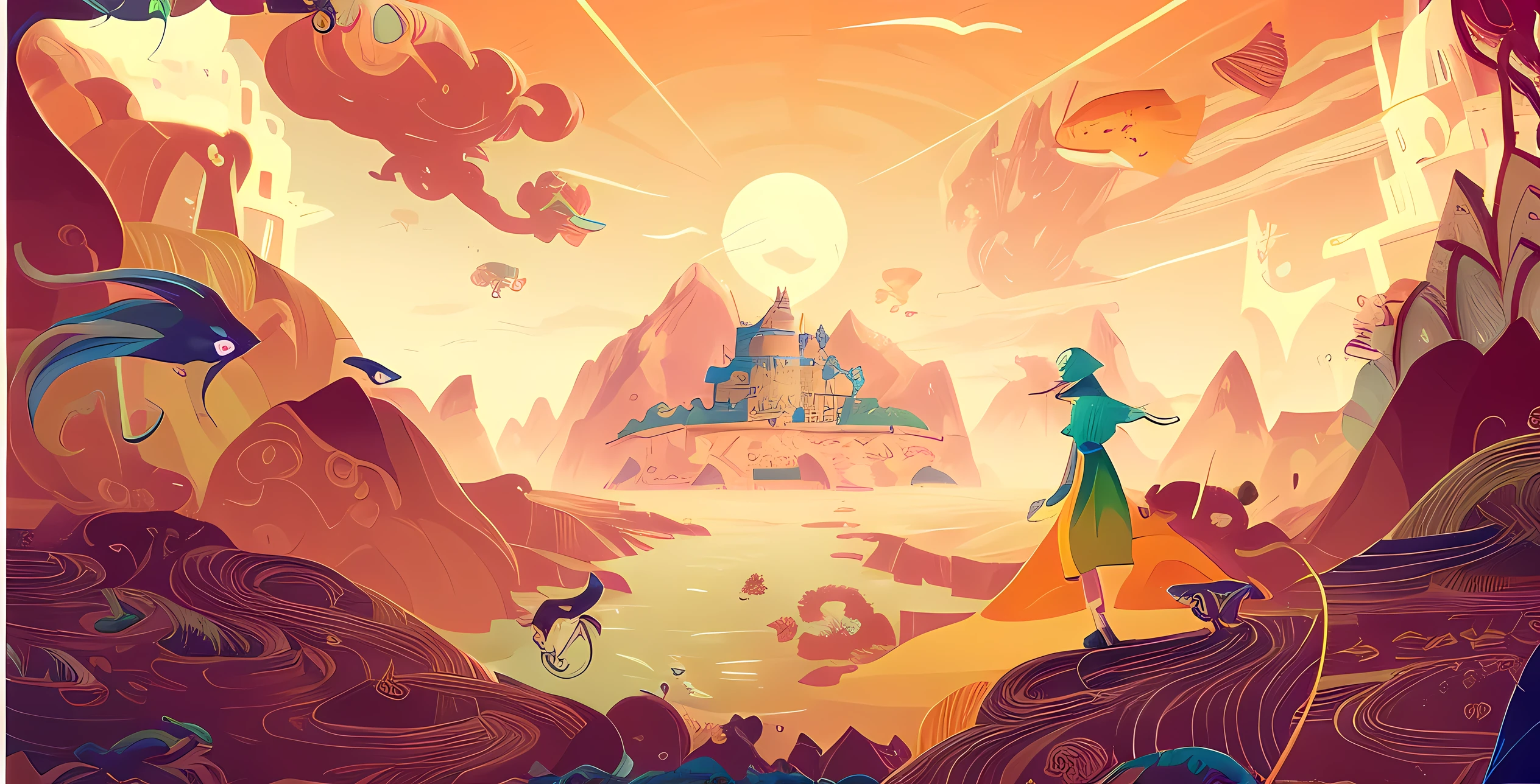 Cartoon picture close-up of island in the ocean, There is a castle on the island,jen bartel, A beautiful artwork illustration, colorful concept art, background artwork, victo ngai. illusory engine, james gilleard artwork, Chinese fantasy, brittney lee, kilian eng vibrant colours, Rosla global lighting, magical fantasy 2 d concept art, very coherent stylized artwork