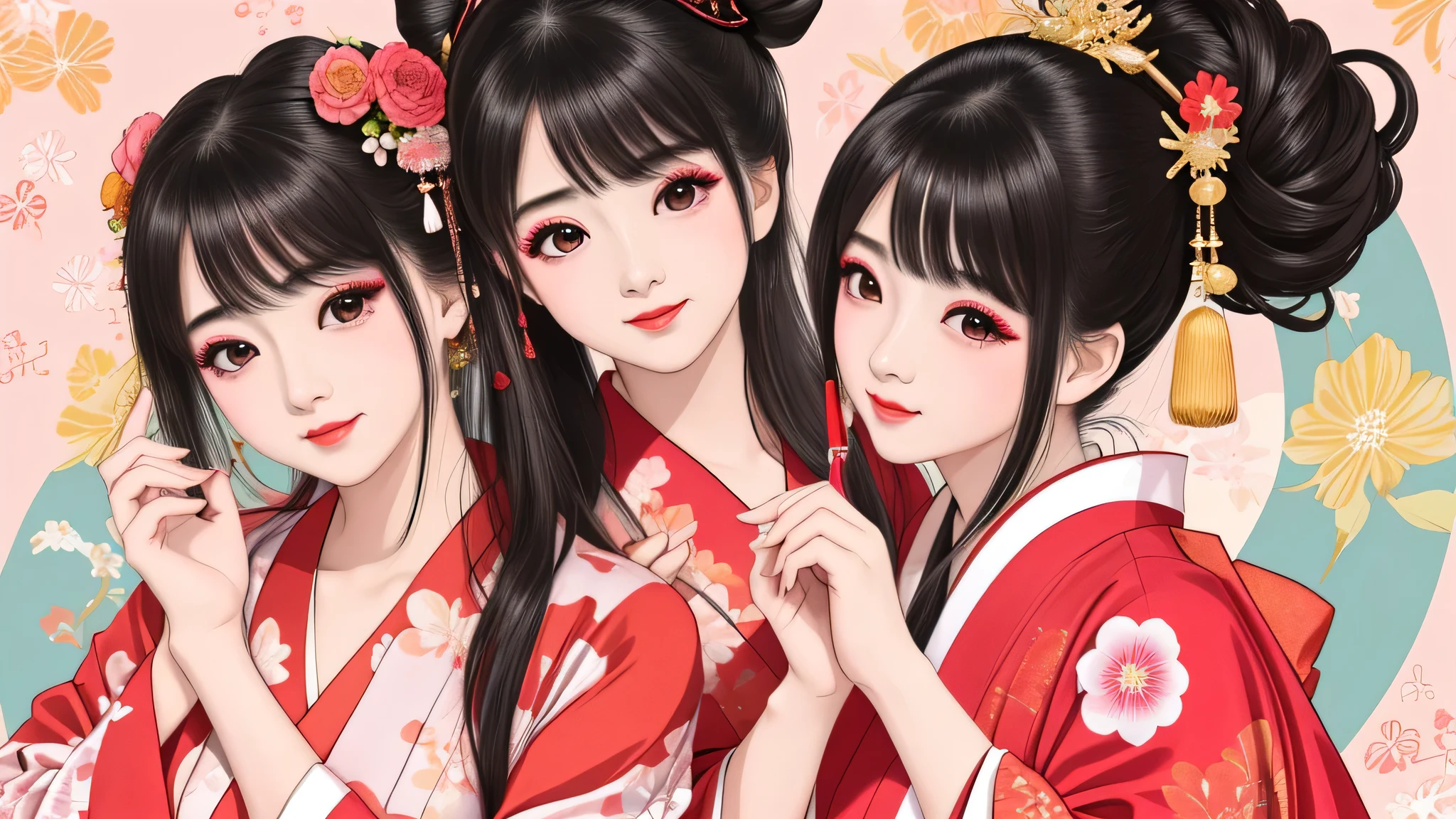 Each has a different expression２People and sisters、(２ girls）、｟Dancing traditional arts with grace)、((Big Breasts、Small Face、Not exposed))、highest quality、masterpiece、（Black Hair、Bun Hair）、Brown Eyes、｟Wide angle、Angle from above the waist and diagonally below、Pause on the magazine cover、Their gazes are different, gazing into the distance｠、(８K High Quality、masterpiece、High resolution、Realistic and beautiful light and shadow、(highest quality)、(High Resolution)、(Very delicate and beautiful)、(Beautiful 8k face)、(With a smile、Beautiful eyes)、(Clear skin)、(Soft hair)、(８Head to Body)、(A Japanese style yukata kimono with red, pink and orange floral patterns on a white background, interspersed with gold powder、Five beautiful Japanese girls wearing yukata)、((Tanabata decoration background))、((Small Face))、(arms up)、Thin and small nose、（Red lipstick）、（Make your cheeks red）、（Glossy skin）、((Ink painting style))、Very thin eyebrows、Overall ultra-high image quality、（She is wearing maiko-style makeup.）、Whitening、Long and beautiful eyelashes、Glowing Skin、（Red cheeks）,Straight nose、masterpiece、highest quality、whole body、 Eyebrows visible through hair、Bun Hair、Grin、Gal、Gal、Viewer&#39;s Eyes、Plaid、Stylish、woman、fine、Pause、
Waiting to start 
