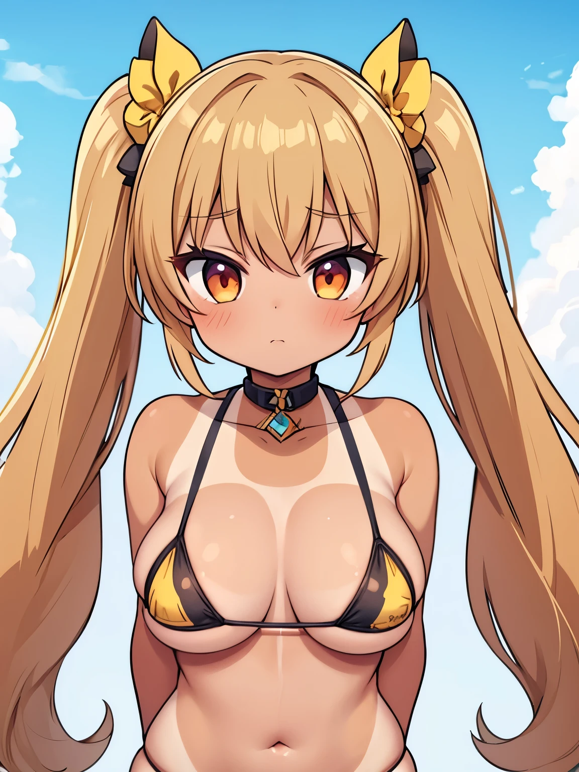 masterpiece, best quality, ultra detailed,1 girl , long hair,  twin tails, (tan:1.4), micro bikini , naughty face, camel toe,