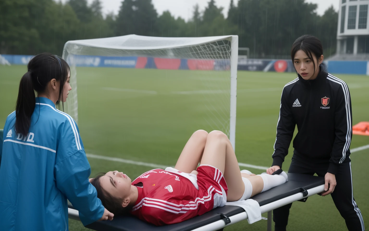 a soccer scene in a chinese sports stadium, rainy weather, wet ground, rainfall, injury scene in a sports stadium, stretcher carry, there are twor female medics in wet raincoats who carrying a stretcher, there are twor female medics in wet raincoats who are carrying a stretcher in a rainy sports stadium, there is a hurt male soccer player in a matte short cotton sports outfit lying on the stretcher, a hurt male soccer player is lying on his back on a stretcher and is rearing up in agony, a soccer player is rearing up in pain while lying on his back on a stretcher, dramatic scene, theatralic posing scene, dramatic pity scene, injury soccer, first aid, help, pity, there are two female medics in shiny raincoats who are looking very sad and very terrified and very shocked, the injured soccer player is screaming out in pain while he is carried from the pitch on a stetcher through the rain