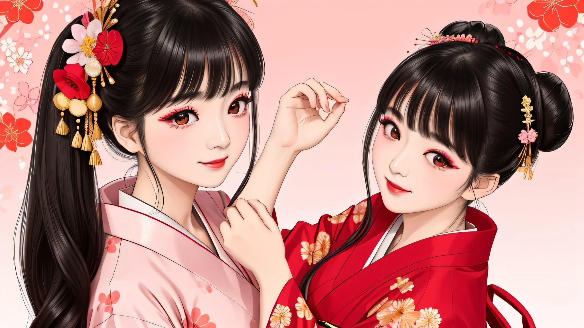 Each has a different expression２People and sisters、(２ girls）、｟Dancing traditional arts with grace)、((Big Breasts、Small Face、Not exposed))、highest quality、masterpiece、（Black Hair、Bun Hair）、Brown Eyes、｟Wide angle、Angle from above the waist and diagonally below、Pause on the magazine cover、Their gazes are different, gazing into the distance｠、(８K High Quality、masterpiece、High resolution、Realistic and beautiful light and shadow、(highest quality)、(High Resolution)、(Very delicate and beautiful)、(Beautiful 8k face)、(With a smile、Beautiful eyes)、(Clear skin)、(Soft hair)、(８Head to Body)、(A Japanese style yukata kimono with red, pink and orange floral patterns on a white background, interspersed with gold powder、Five beautiful Japanese girls wearing yukata)、((Tanabata decoration background))、((Small Face))、(arms up)、Thin and small nose、（Red lipstick）、（Make your cheeks red）、（Glossy skin）、((Ink painting style))、Very thin eyebrows、Overall ultra-high image quality、（She is wearing maiko-style makeup.）、Whitening、Long and beautiful eyelashes、Glowing Skin、（Red cheeks）,Straight nose、masterpiece、highest quality、whole body、 Eyebrows visible through hair、Bun Hair、Grin、Gal、Gal、Viewer&#39;s Eyes、Plaid、Stylish、woman、fine、Pause、
Waiting to start 
