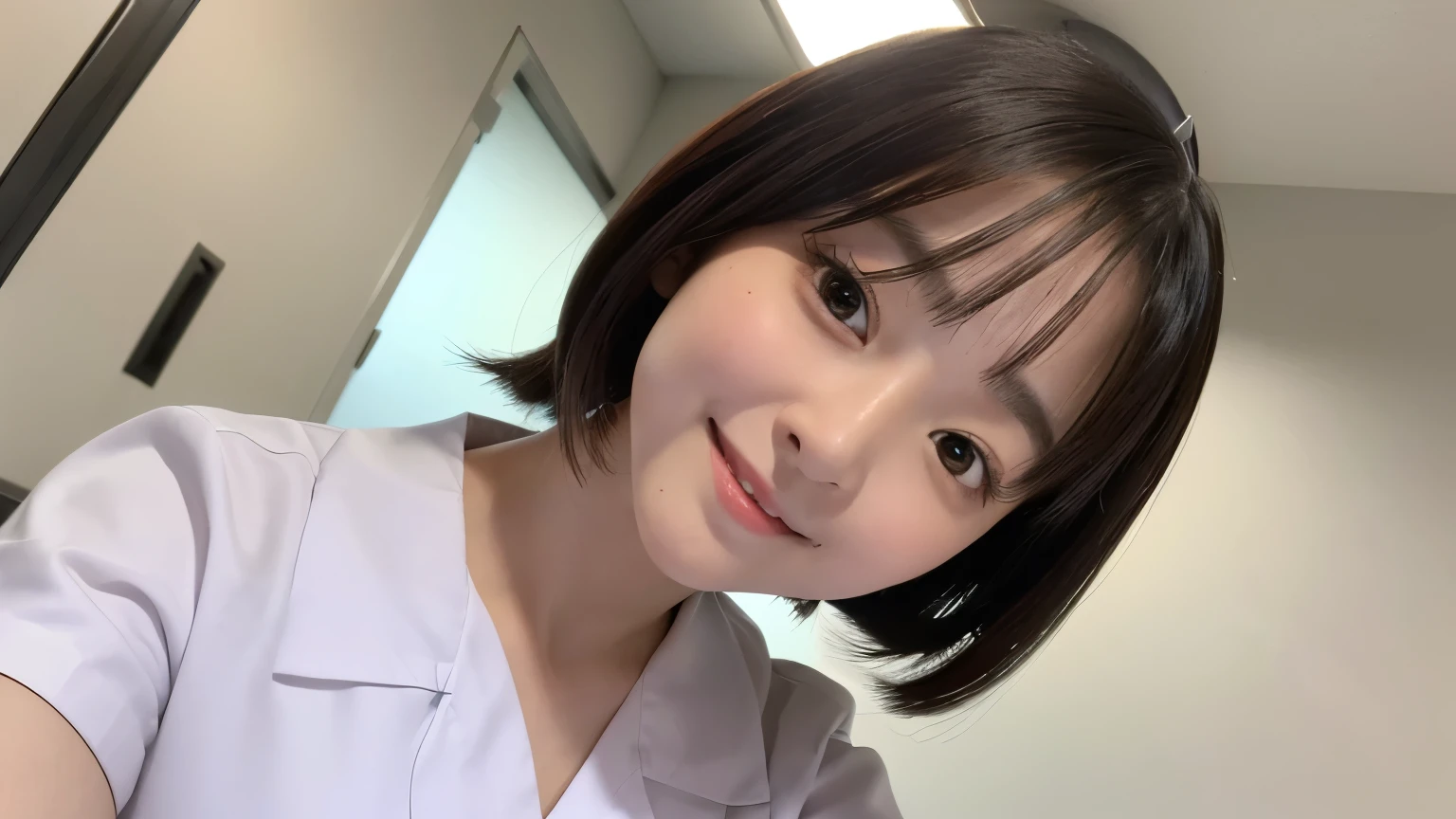 (３Girls)、(Beautiful Japanese、18years old,round face、Refreshing、clear、seems kind、stylish、Pitiful、cute like an angel、cute、black eyes、,actress,Almond-shaped eyes), Good style , (Beautiful big breasts:1.2),(soft breasts),(very cute),(Black hair),(short bob hair),(enchanting eyes),(highlight on eyes:1.2)、(8K、Live shooting、highest quality、masterpiece:1.2、optimal lighting)、((masterpiece)),(Photo taken by a professional photographer),(real、photo real:1.4),break,{ (White nurse costume),(((taraditional nurse uniform))),(White nurse mini skirt),((White pantyhose)),(cleavage:0.7)},(Smile face),(cheeks are red:1.4), break, break,Hospital,Face shot:1.3、Hospital room、Looking away, face close-up,Dynamic angle